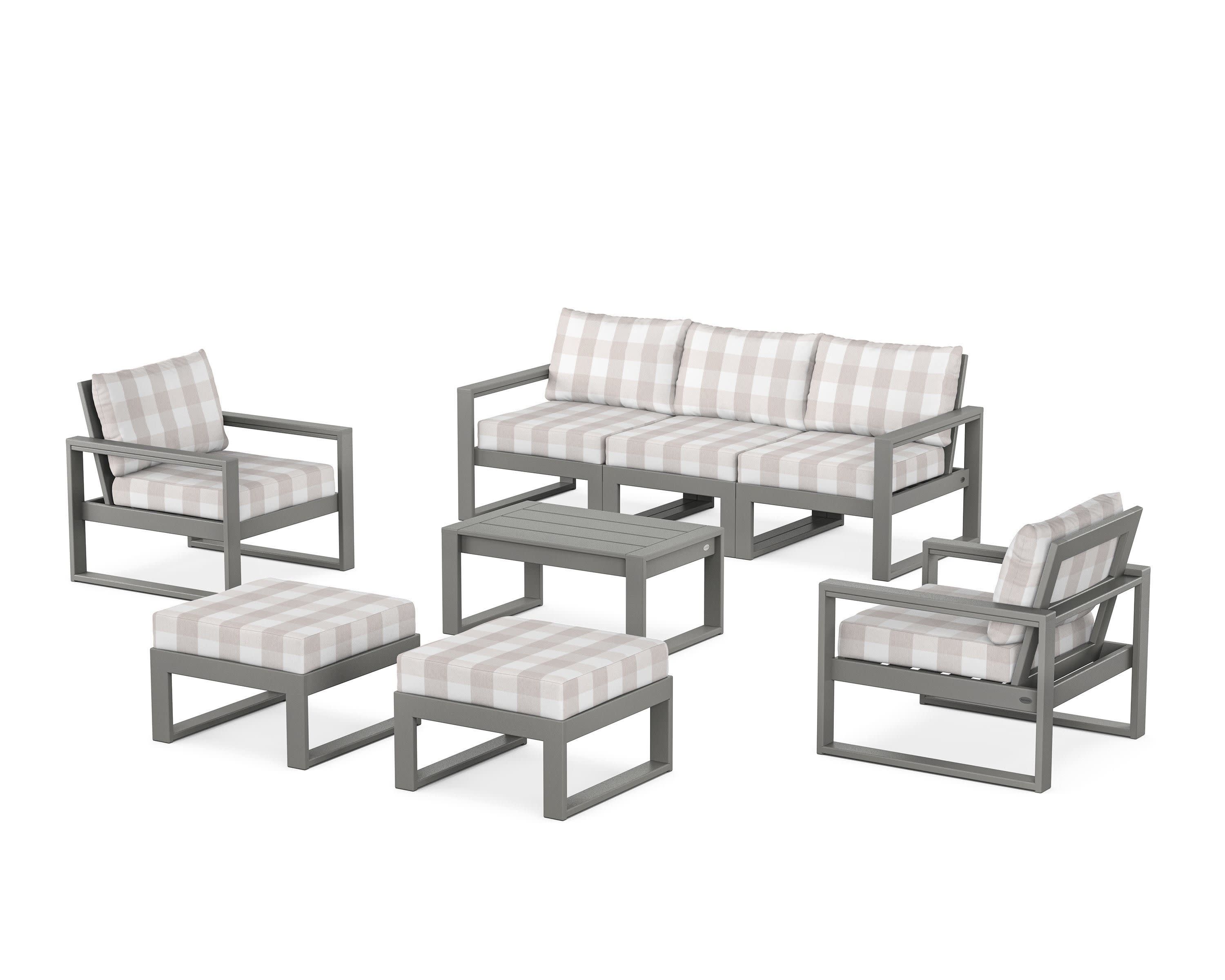 EDGE Sectional 8-Piece Lounge Sofa Set in Slate Grey / Buffalo Plaid Dune Burlap