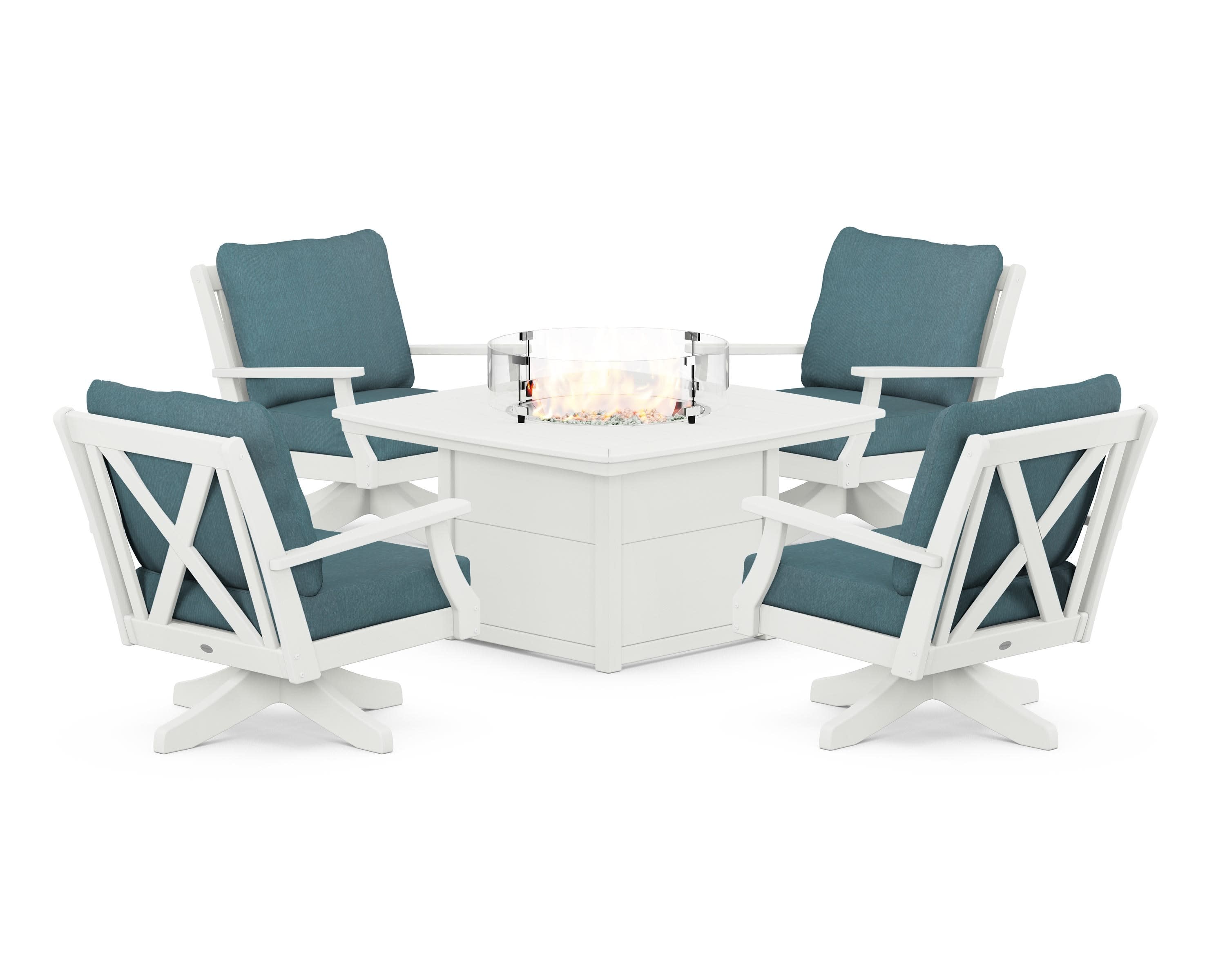 Braxton 5-Piece Deep Seating Swivel Conversation Set with Fire Pit Table in Vintage White / Ocean Teal