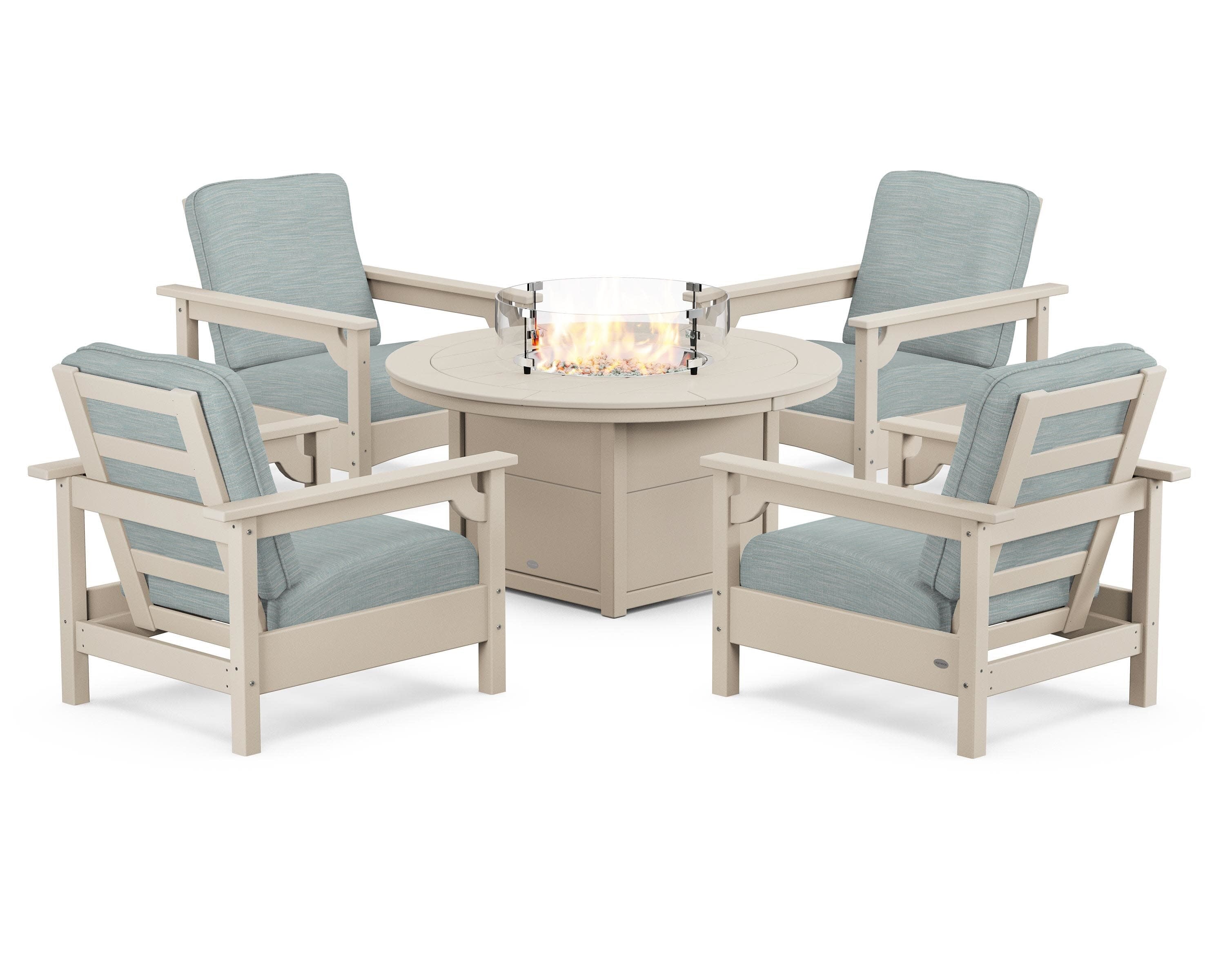 Club 5-Piece Conversation Set with Fire Pit Table in Sand / Soothe Mist