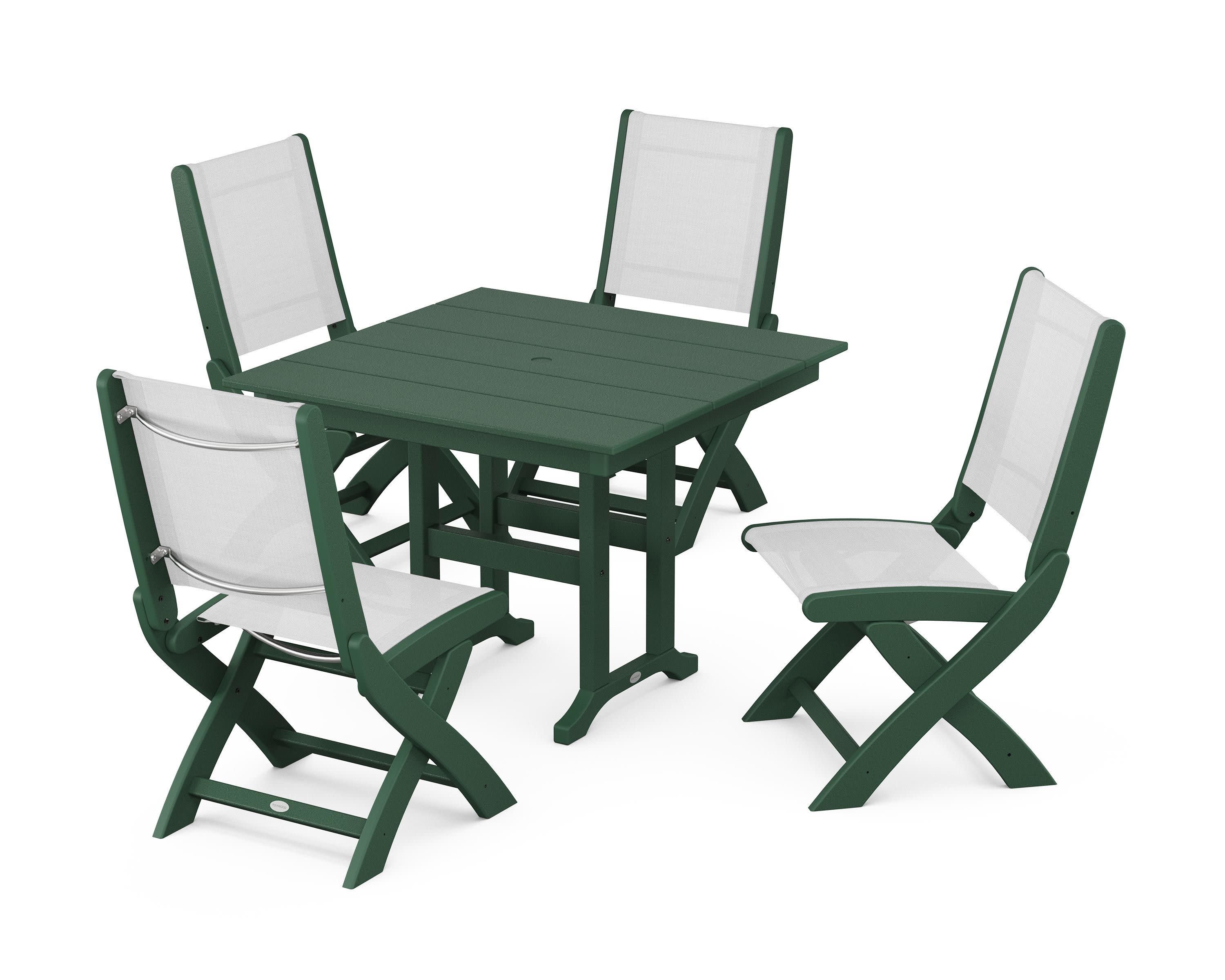Coastal Folding Side Chair 5-Piece Farmhouse Dining Set in Green / White Sling