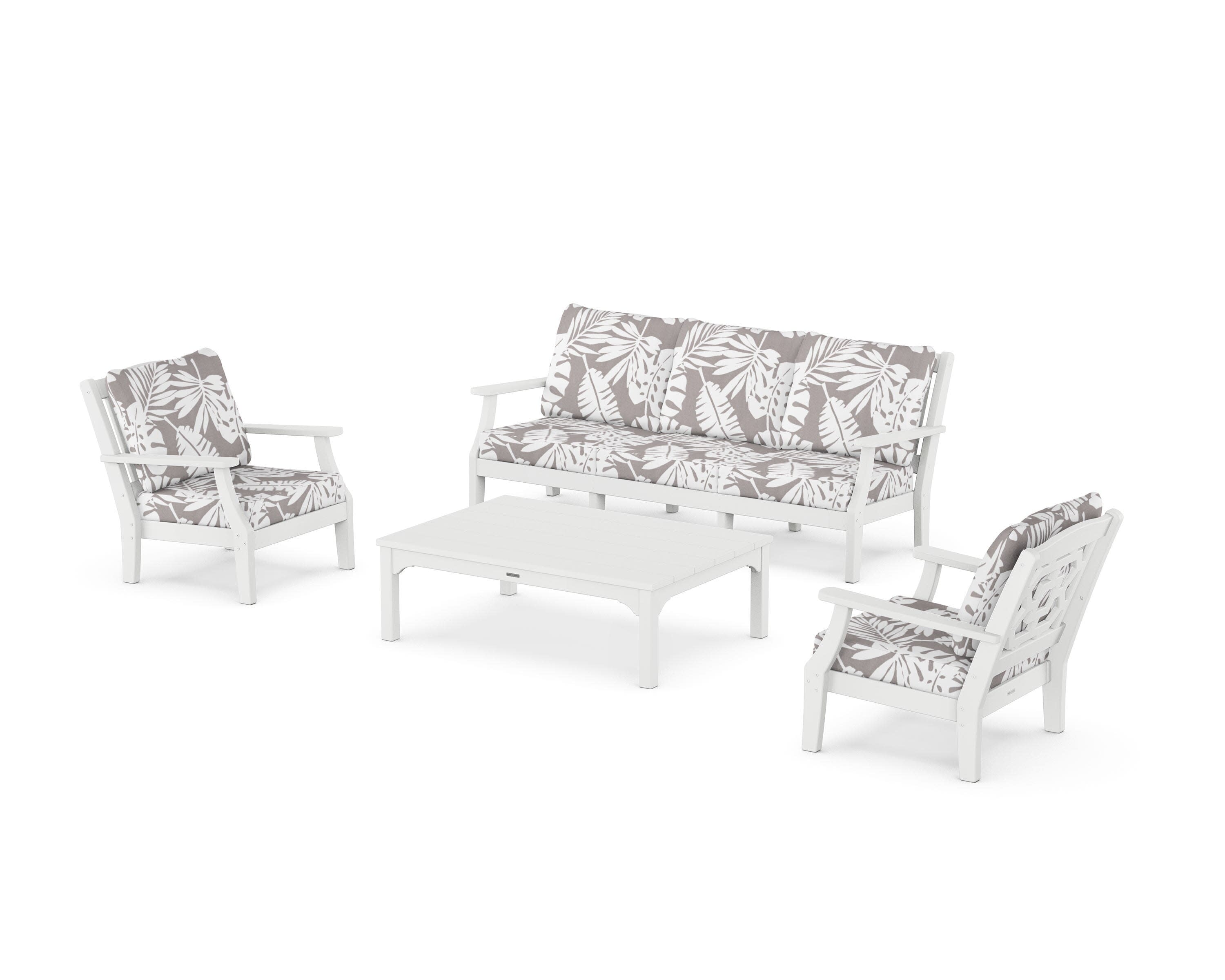 Chinoiserie 4-Piece Deep Seating Set with Sofa in White / Leaf Grey Mist
