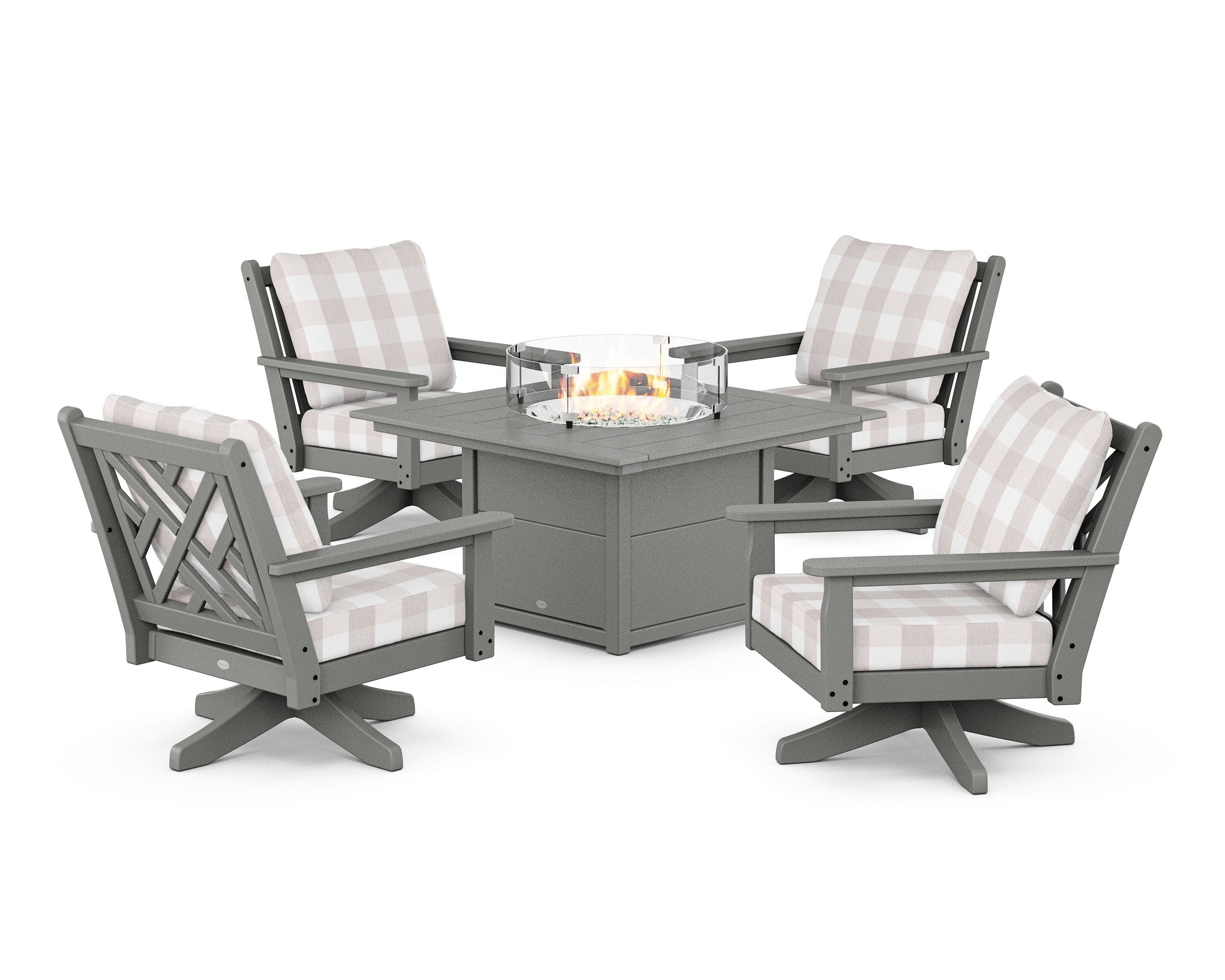 Chippendale 5-Piece Deep Seating Swivel Conversation Set with Fire Pit Table in Slate Grey / Buffalo Plaid Dune Burlap