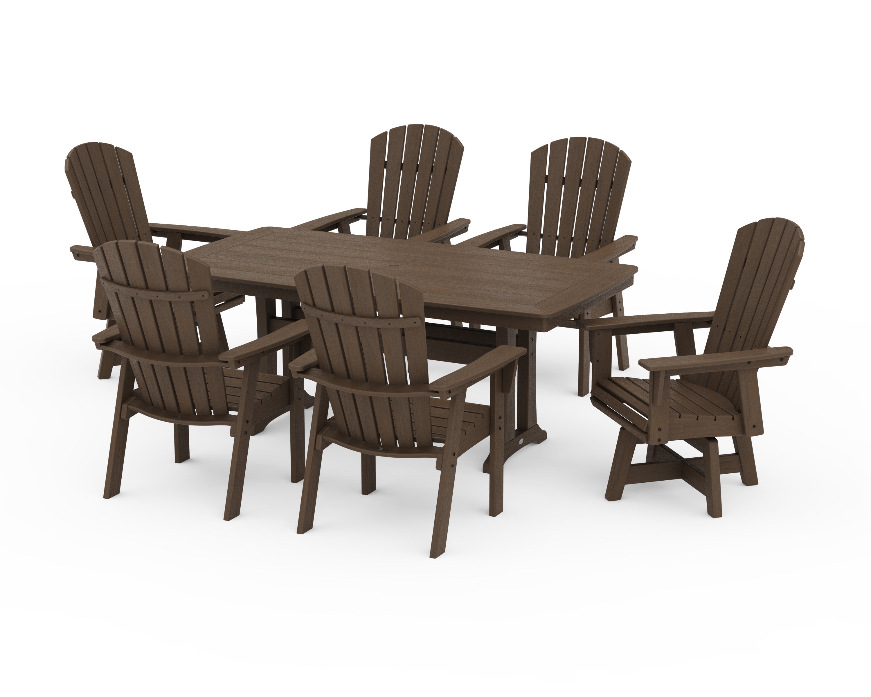 Nautical Curveback Adirondack Swivel Chair 7-Piece Dining Set with Trestle Legs in Kona