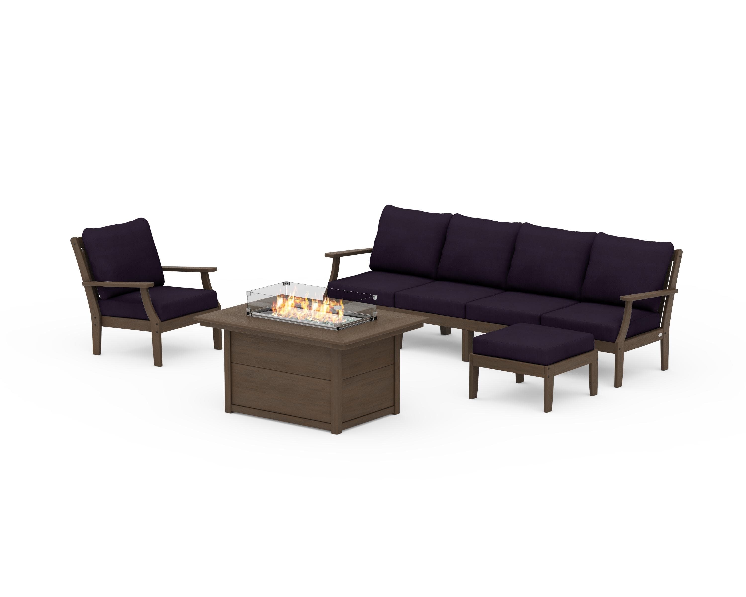 Braxton Sectional Lounge and Fire Pit Set in Kona / Navy Linen