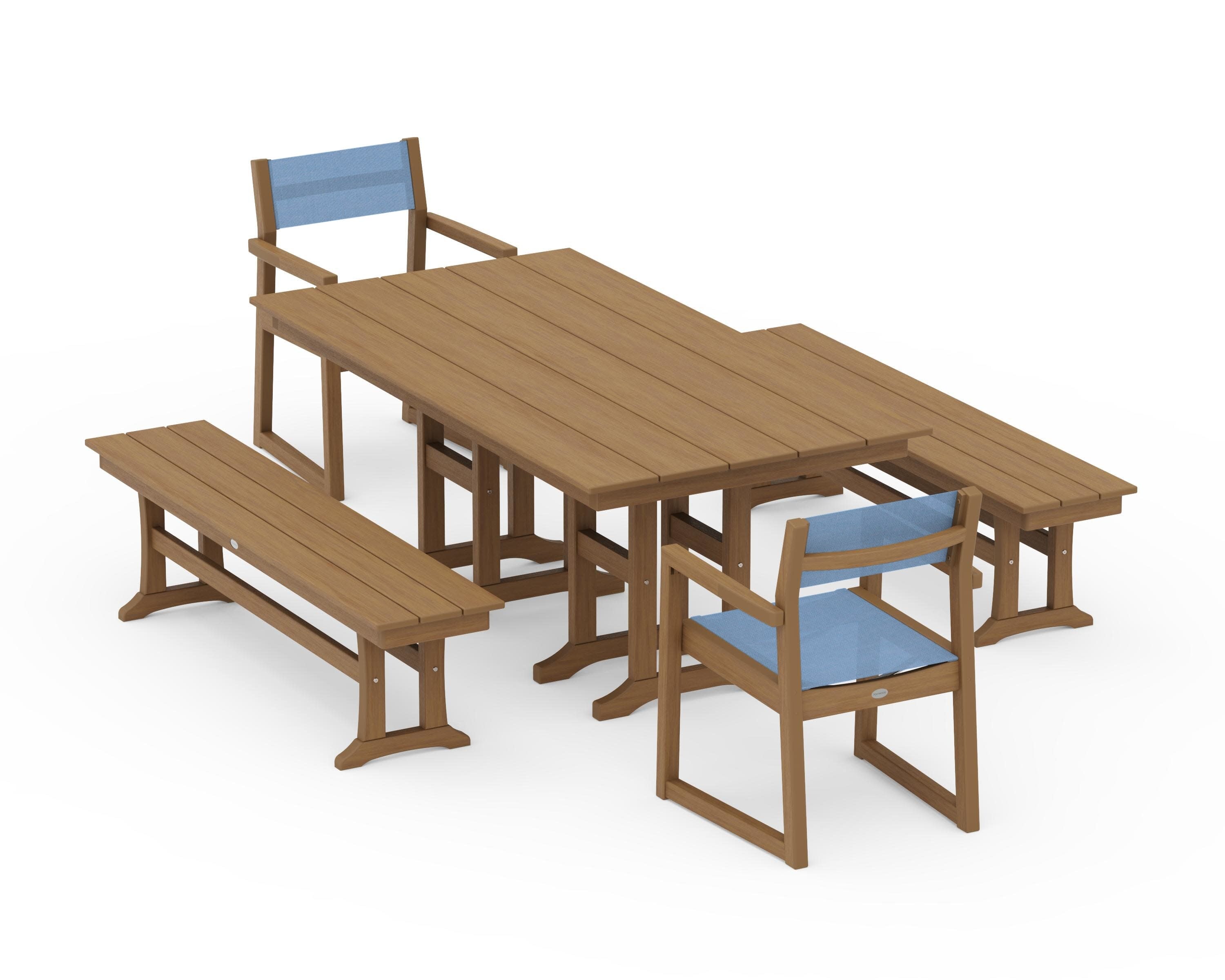 EDGE Sling Arm Chair 5-Piece Farmhouse Dining Set with Benches in Natural / Poolside Sling