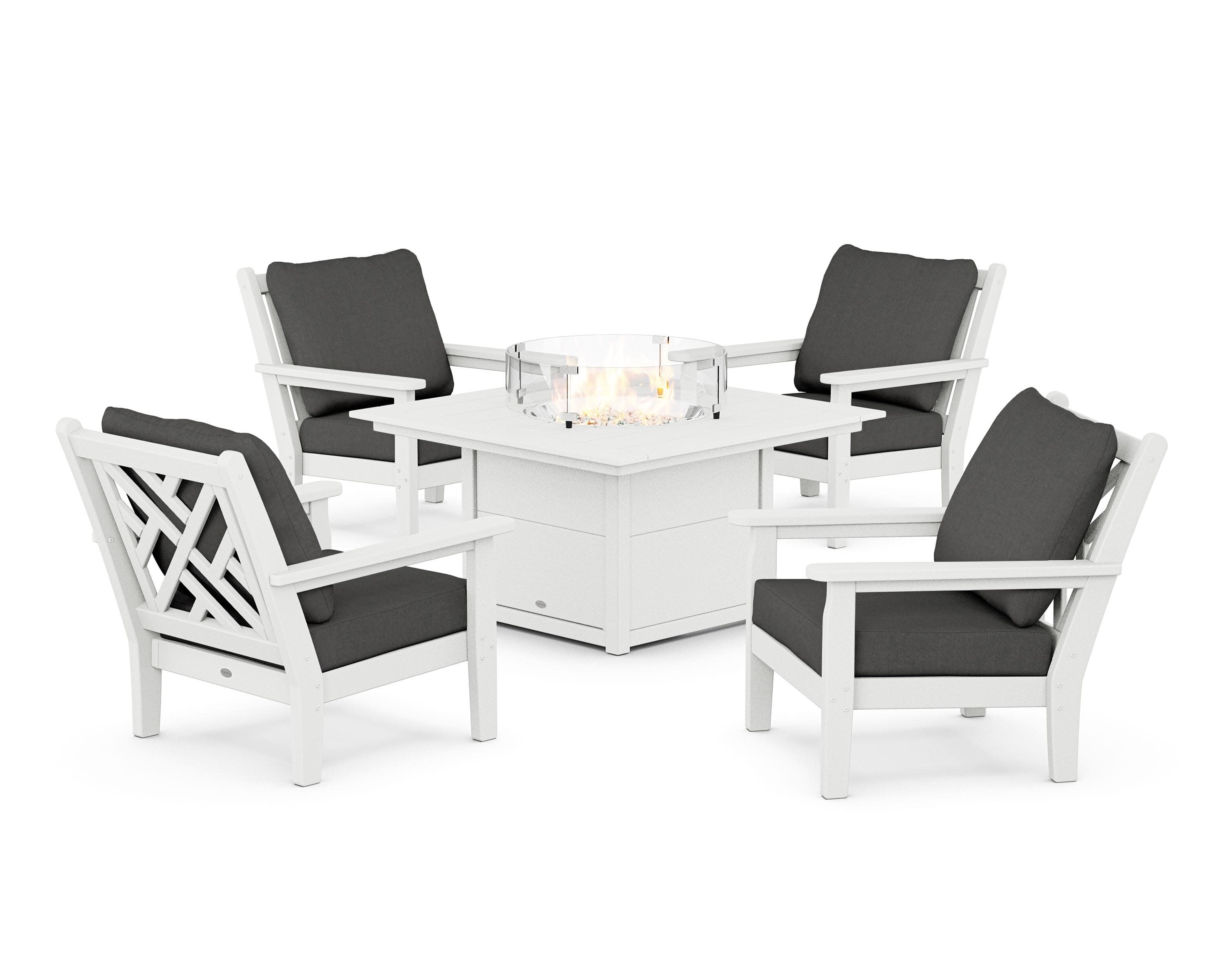 Chippendale 5-Piece Deep Seating Set with Fire Pit Table in White / Spectrum Carbon