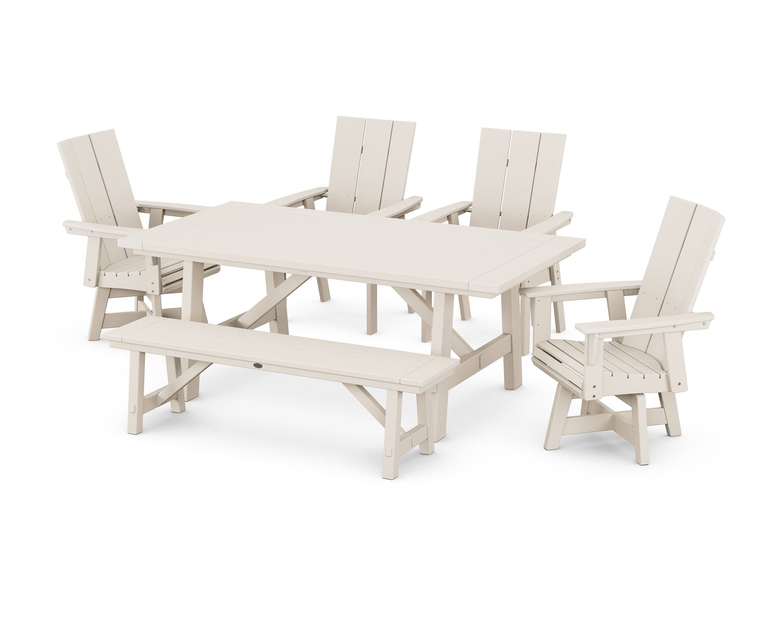 Modern Curveback Adirondack Swivel Chair 6-Piece Rustic Farmhouse Dining Set with Bench in Sand