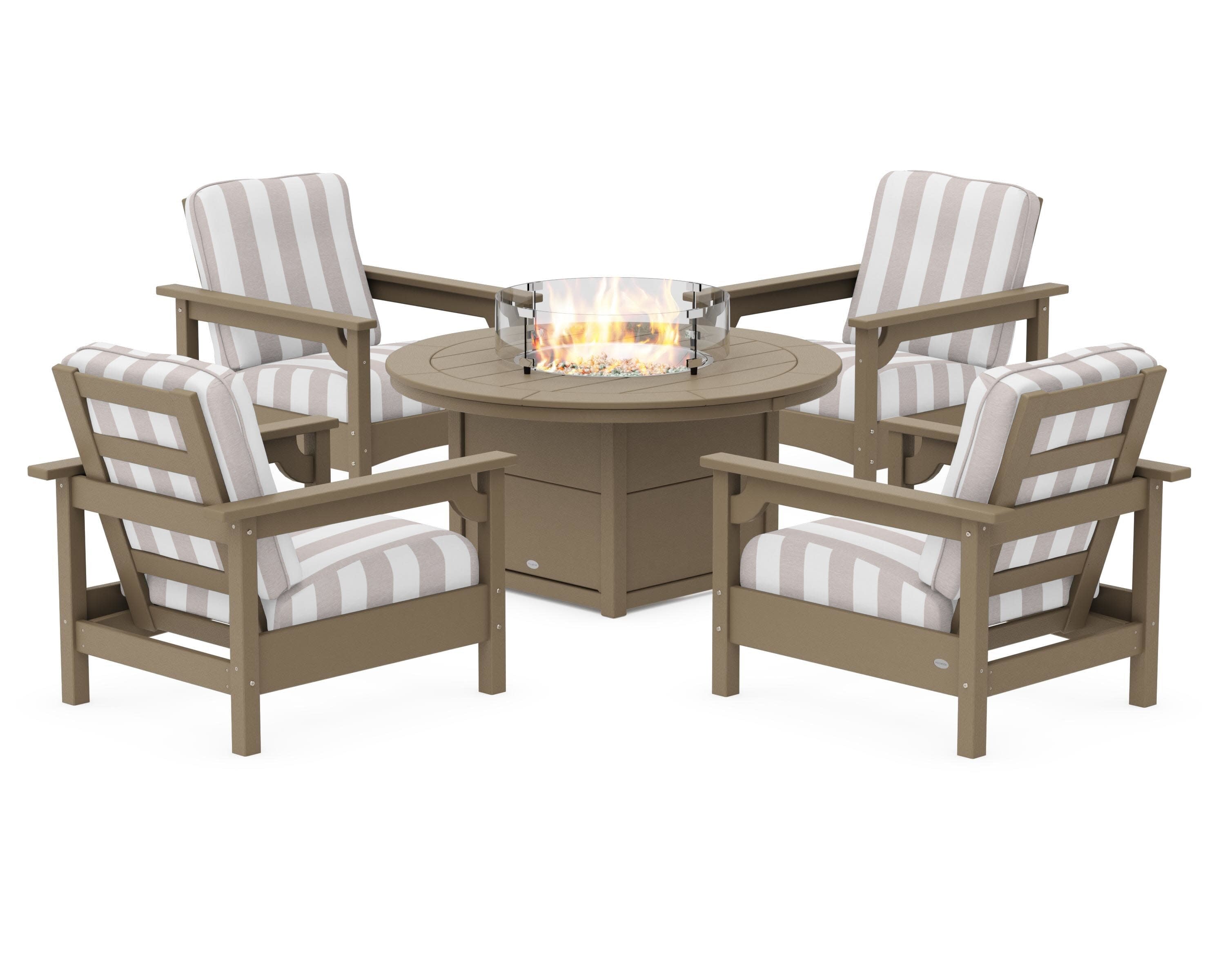 Club 5-Piece Conversation Set with Fire Pit Table in Vintage Sahara / Cabana Stripe Dune Burlap