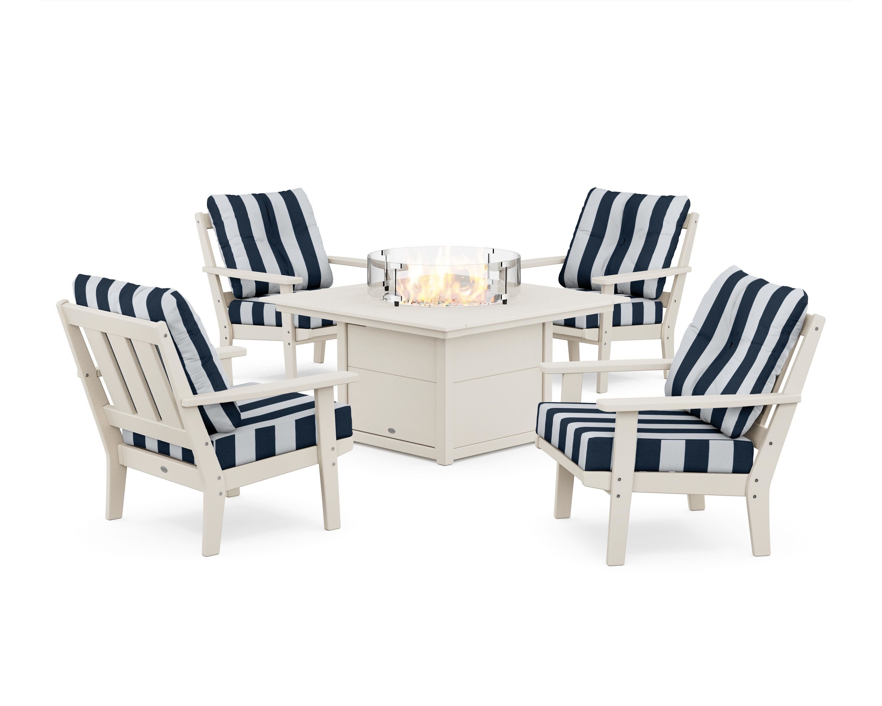 Oxford 5-Piece Deep Seating Set with Fire Pit Table in Sand / Cabana Stripe Marine Indigo