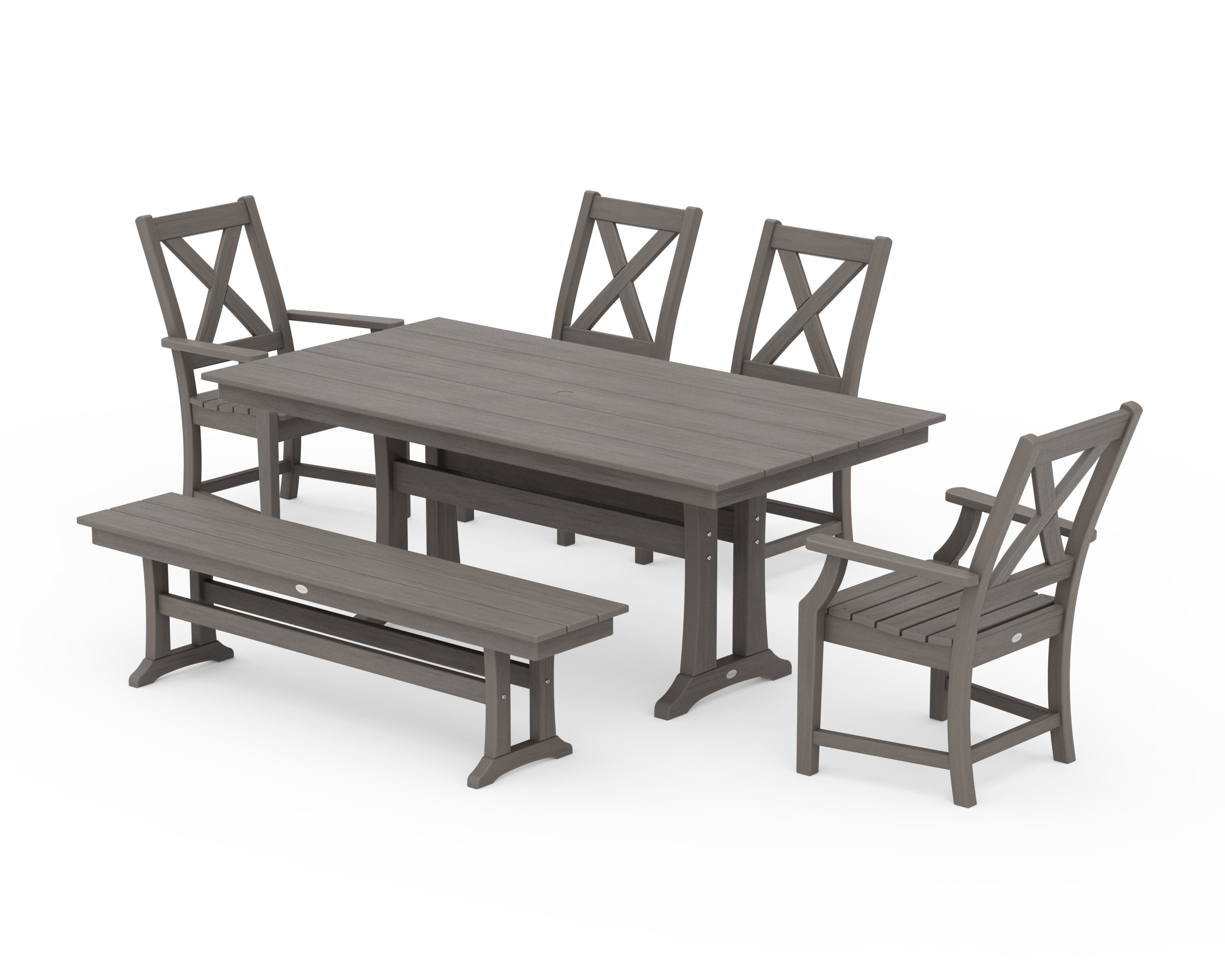 Braxton 6-Piece Farmhouse Dining Set With Trestle Legs in Driftwood