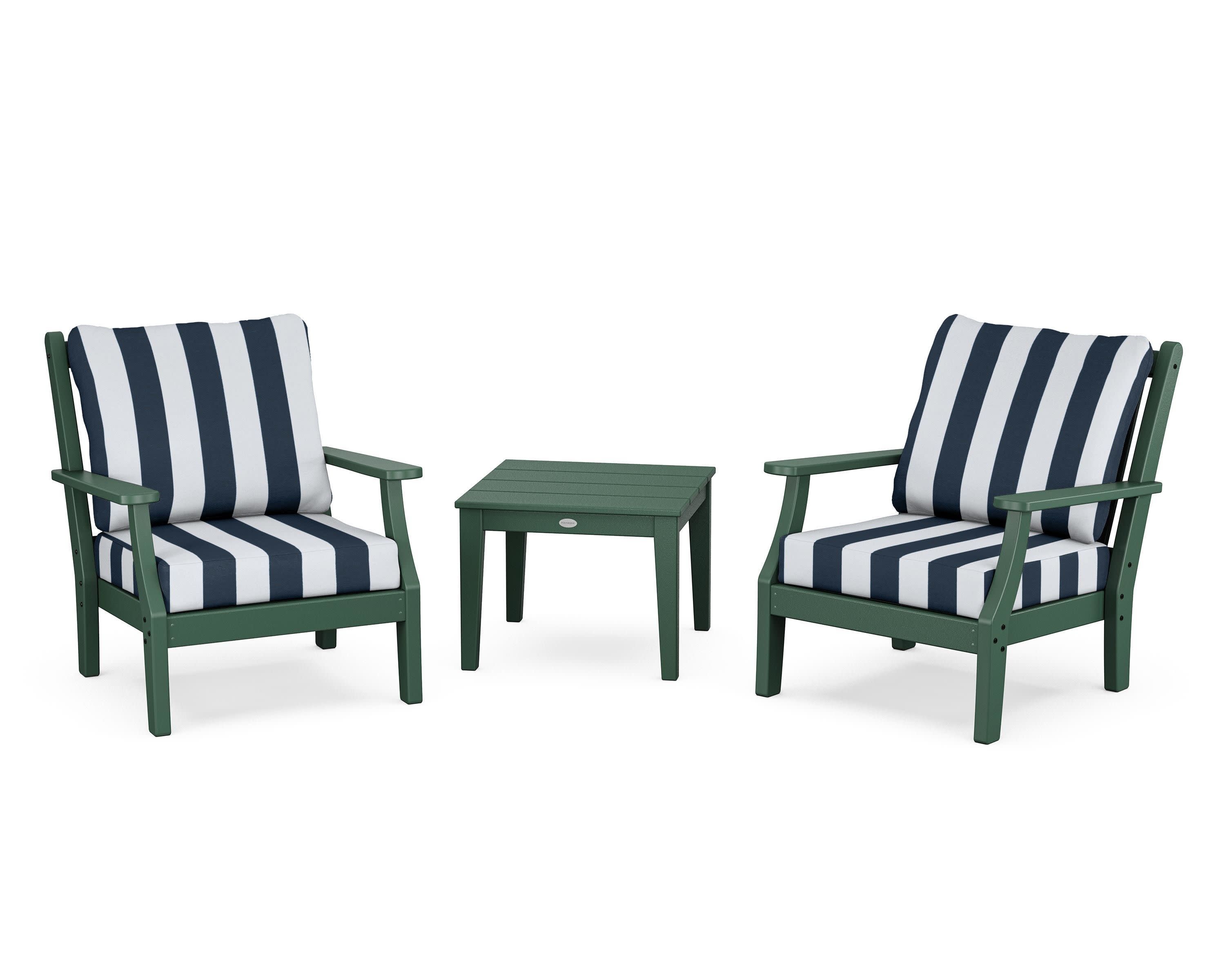 Wovendale 3-Piece Deep Seating Set in Green / Cabana Stripe Marine Indigo