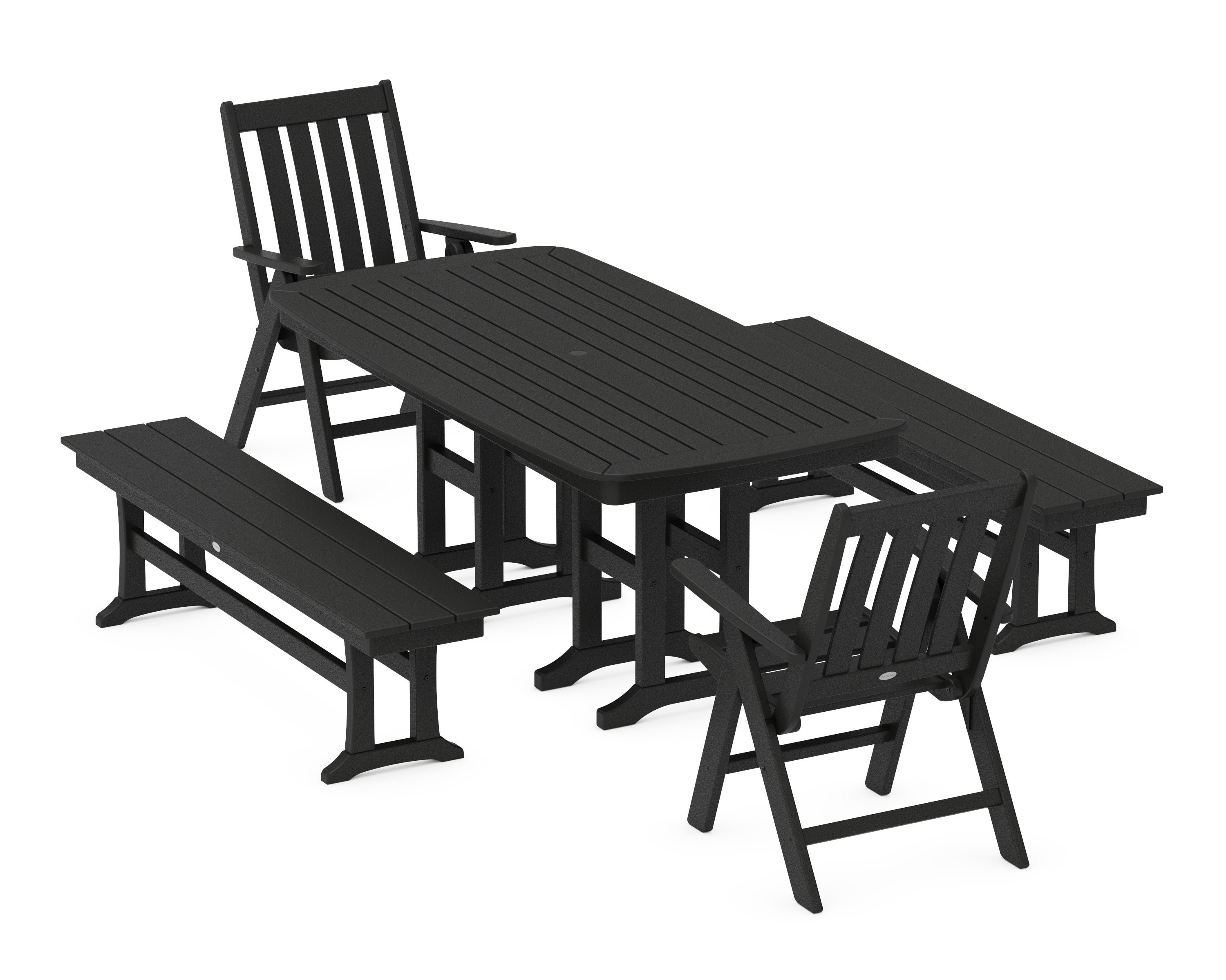 Vineyard Folding Chair 6-Piece Dining Set with Benches in Black