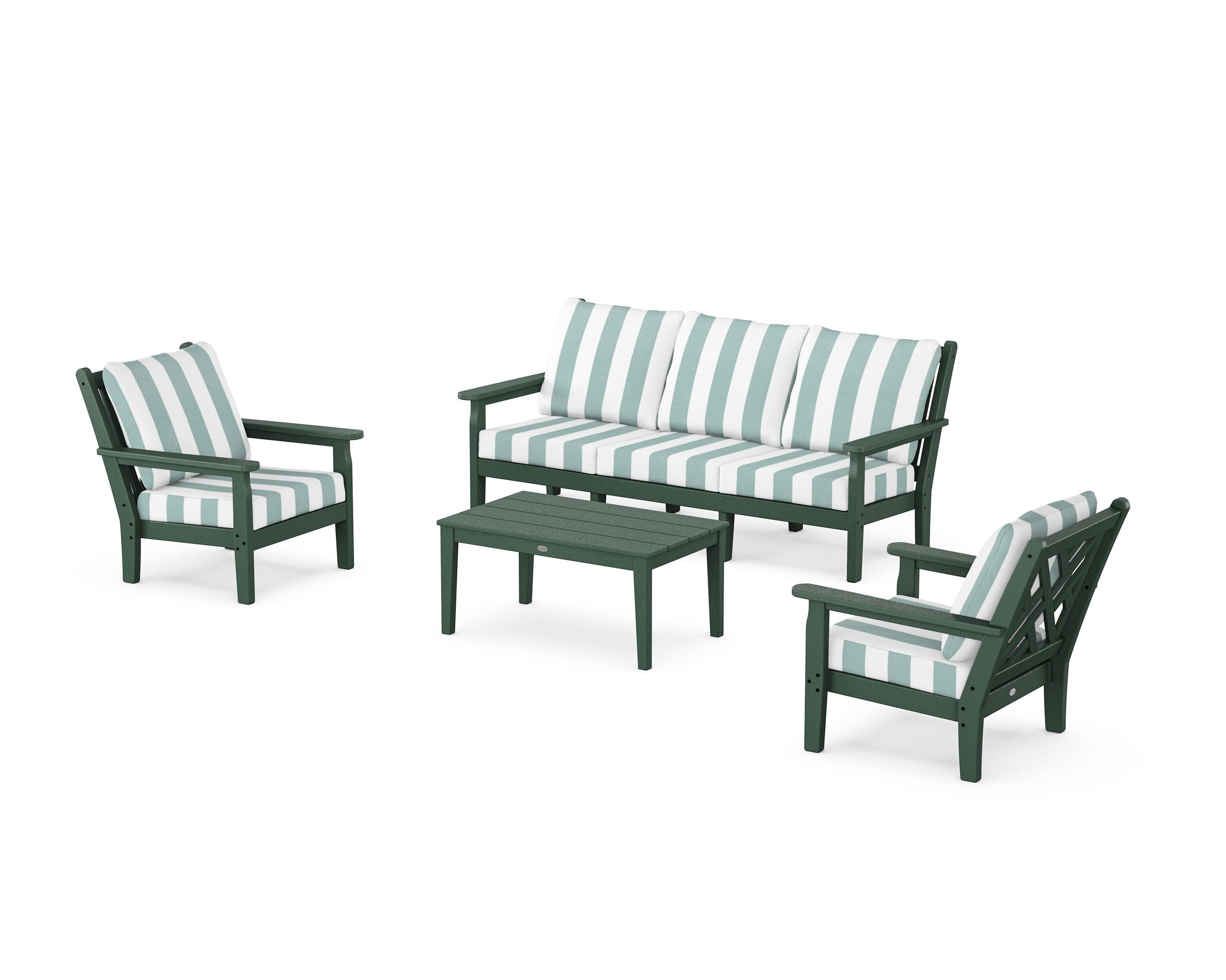 Chippendale 4-Piece Deep Seating Set with Sofa in Green / Cabana Stripe Glacier Spa