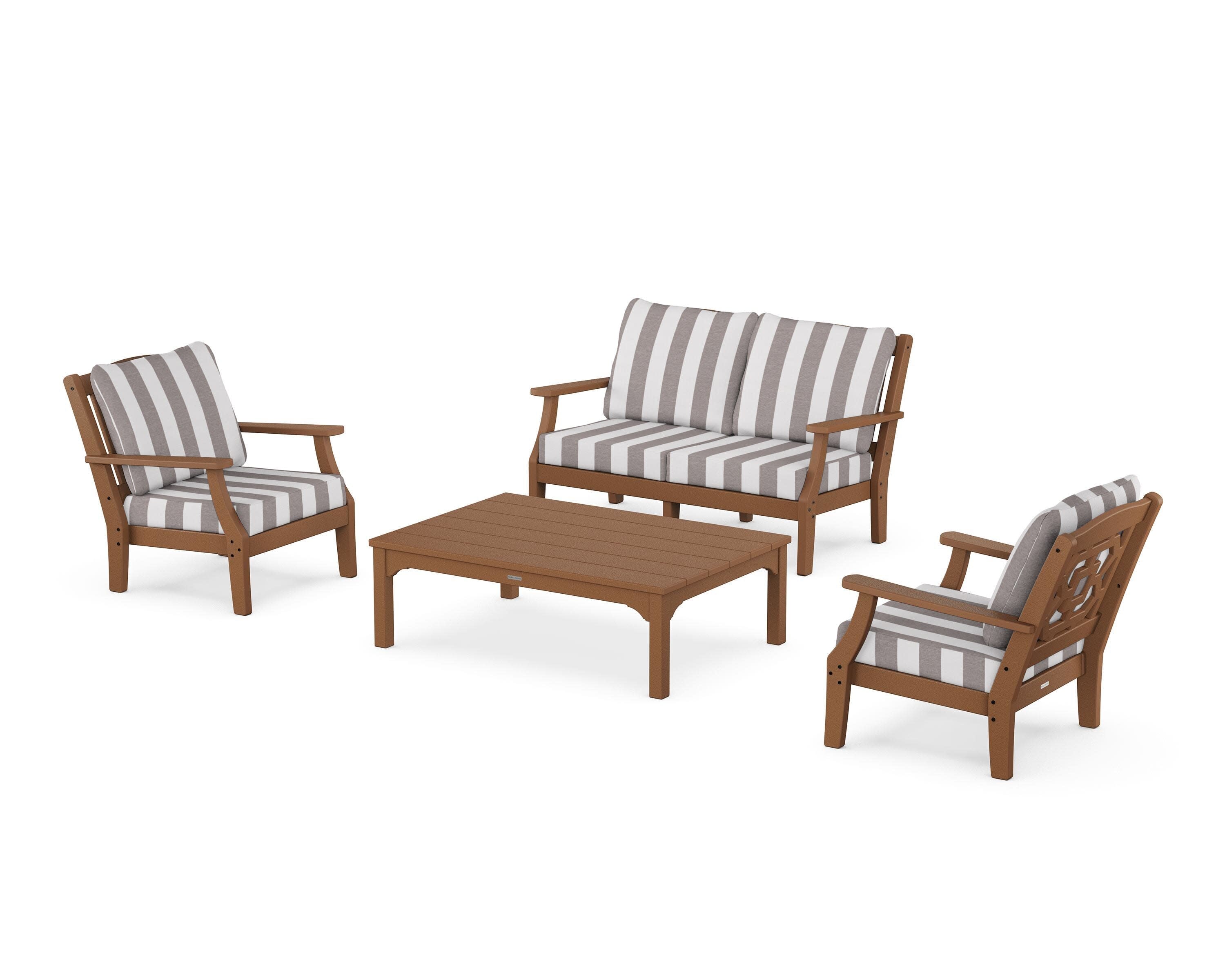 Chinoiserie 4-Piece Deep Seating Set with Loveseat in Teak / Cabana Stripe Grey Mist