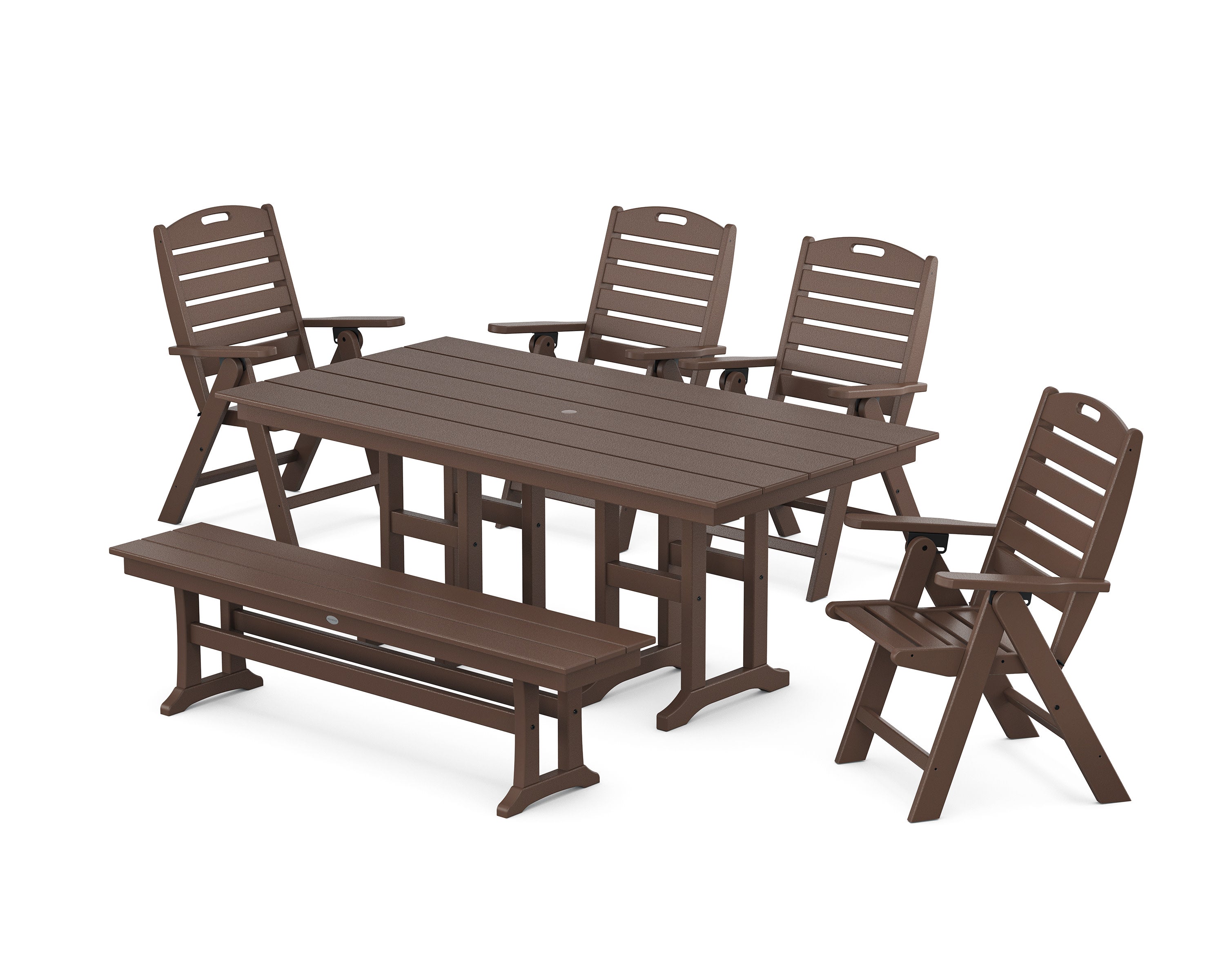 Nautical Highback 6-Piece Farmhouse Dining Set with Bench in Mahogany