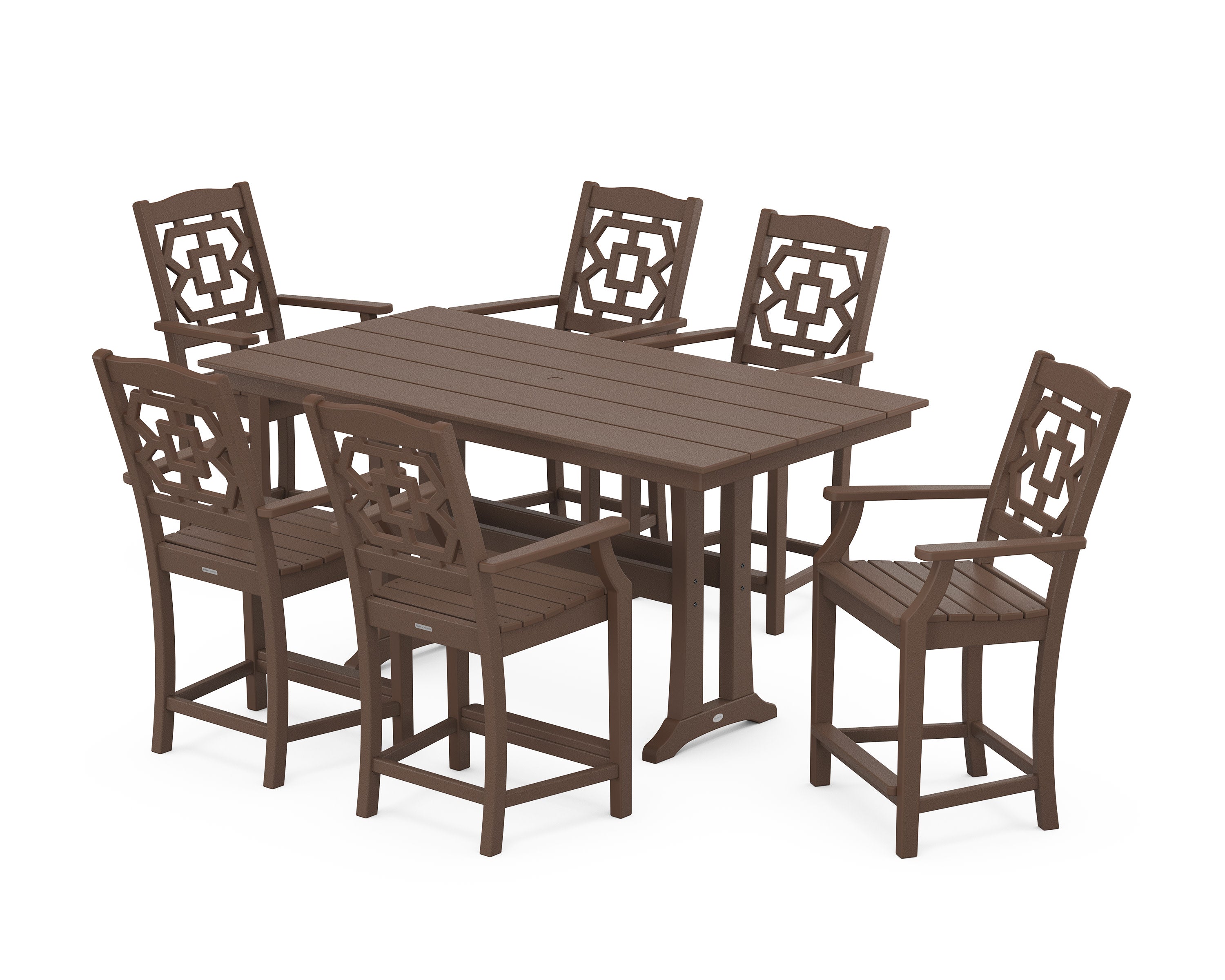 Chinoiserie Arm Chair 7-Piece Farmhouse Counter Set with Trestle Legs in Mahogany