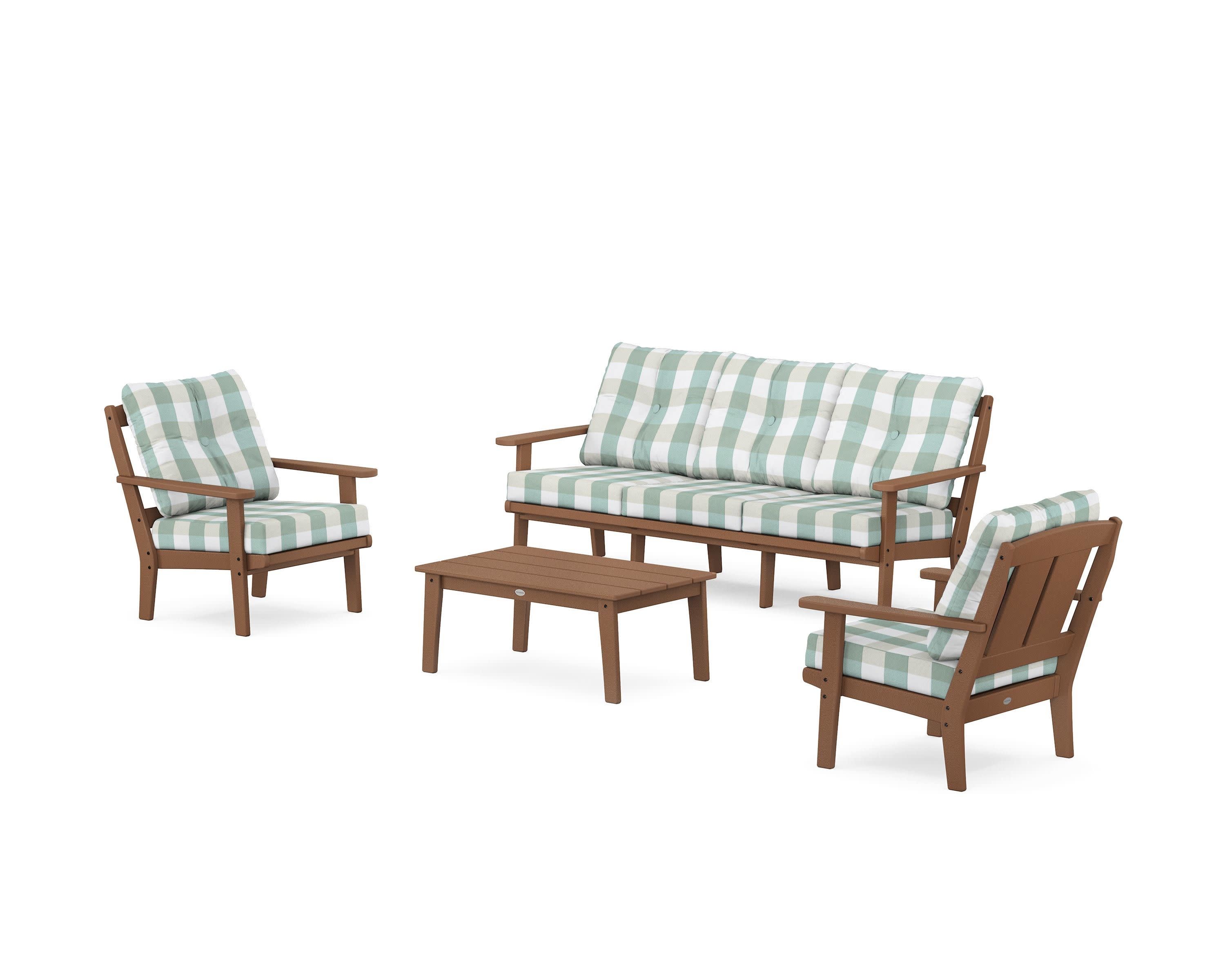 Mission 4-Piece Deep Seating Set with Sofa in Teak / Buffalo Plaid Glacier Spa