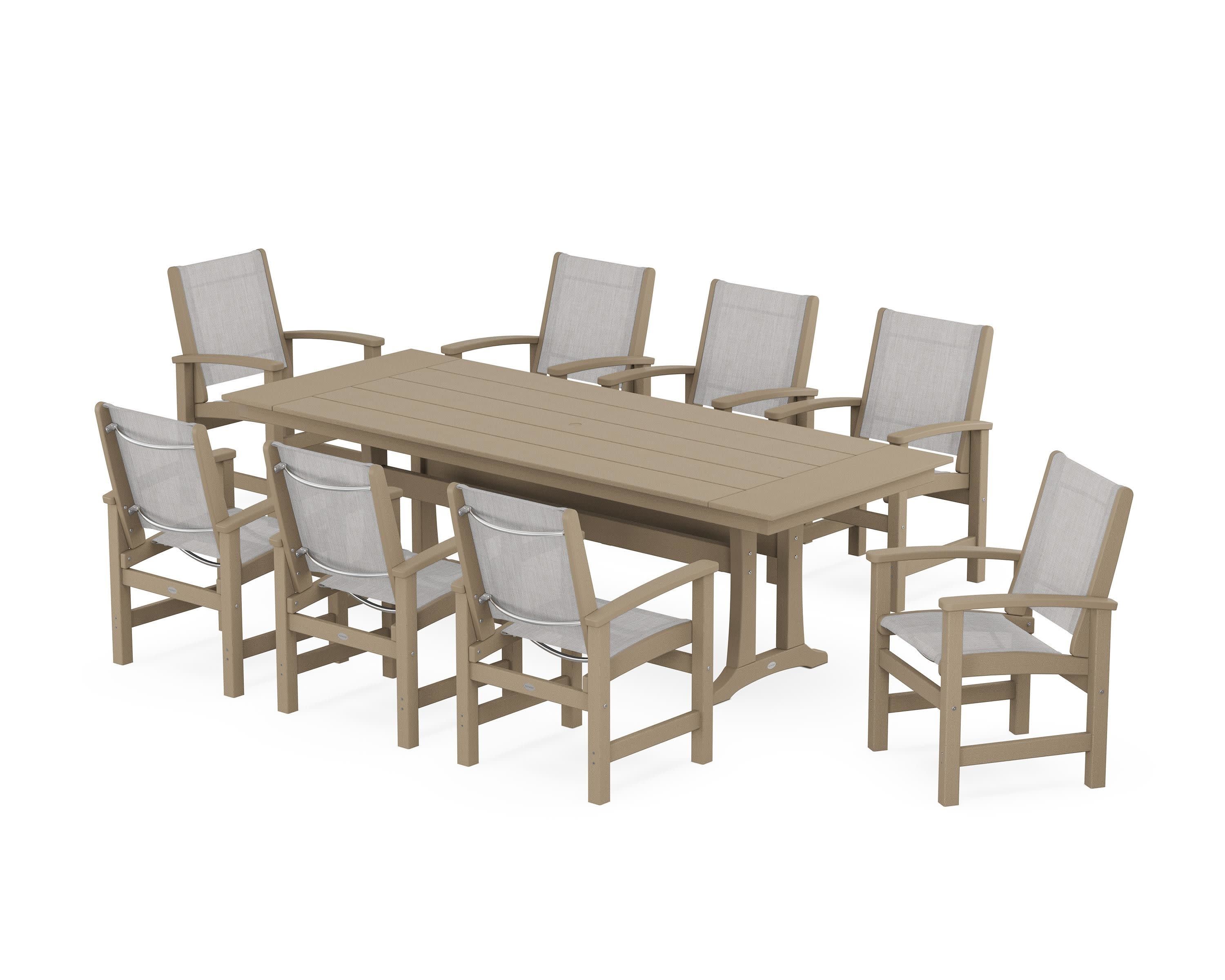Coastal 9-Piece Farmhouse Dining Set with Trestle Legs in Vintage Sahara / Parchment Sling