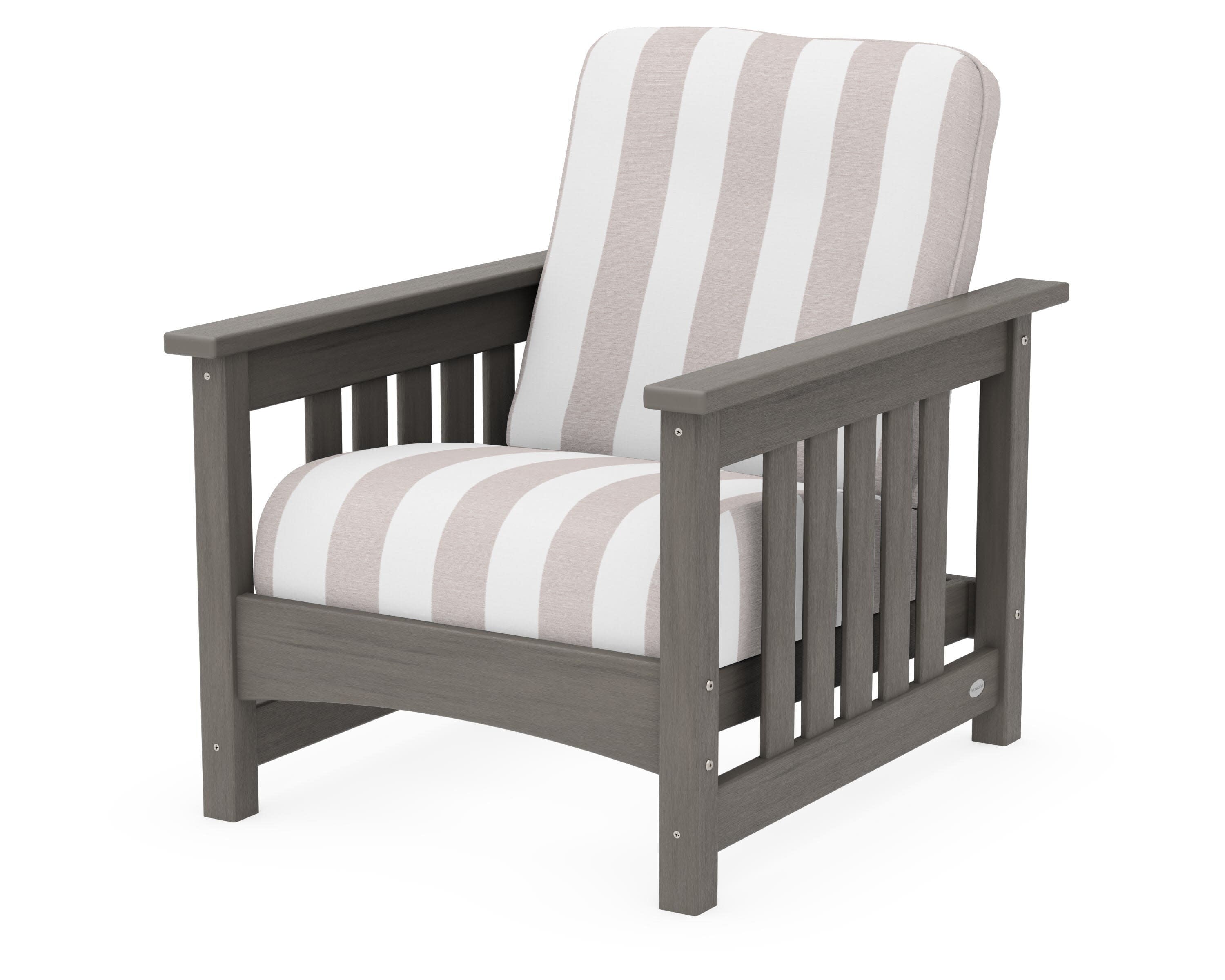 Club Mission Chair in Driftwood / Cabana Stripe Dune Burlap