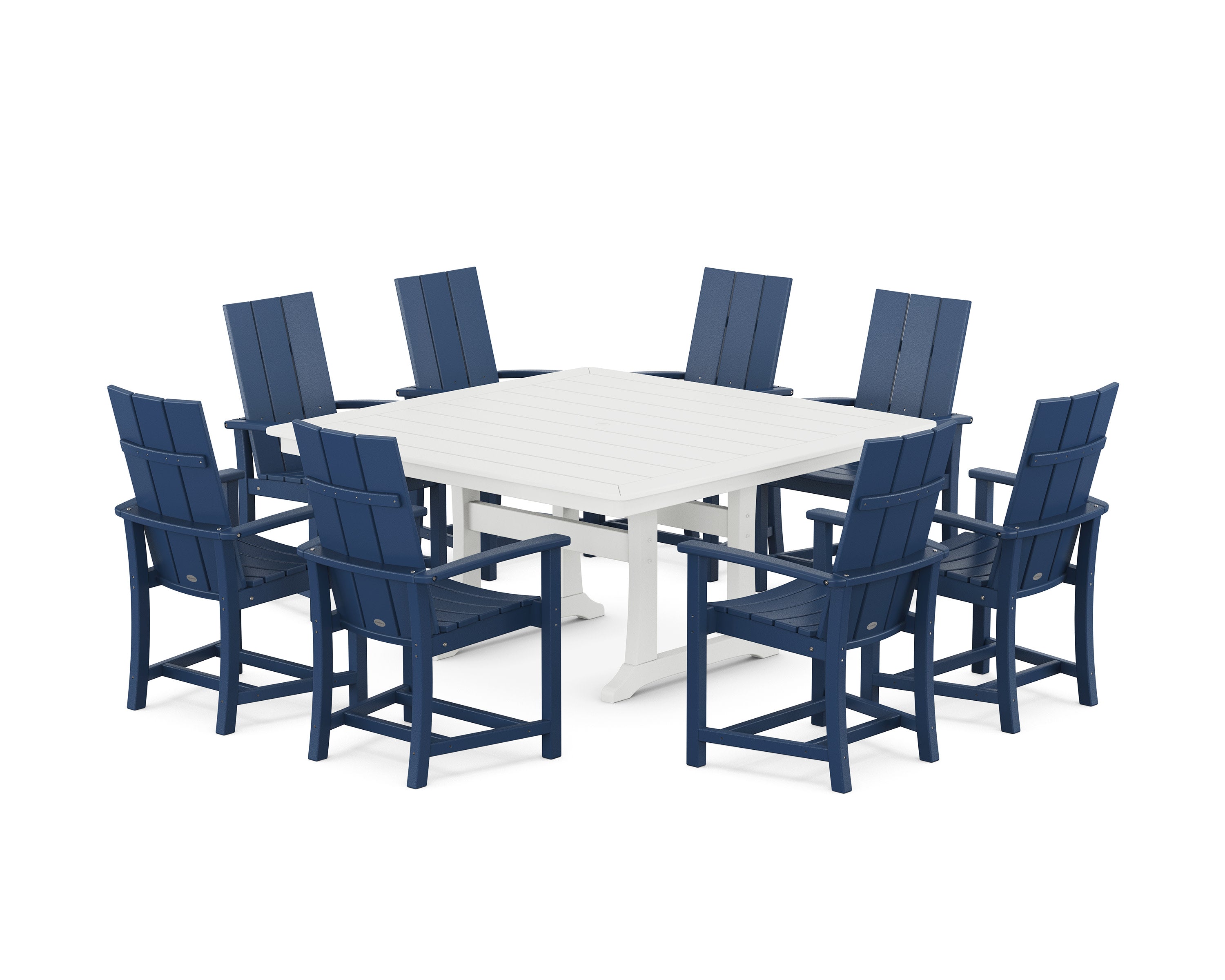 Modern Adirondack 9-Piece Square Dining Set with Trestle Legs in Navy / White