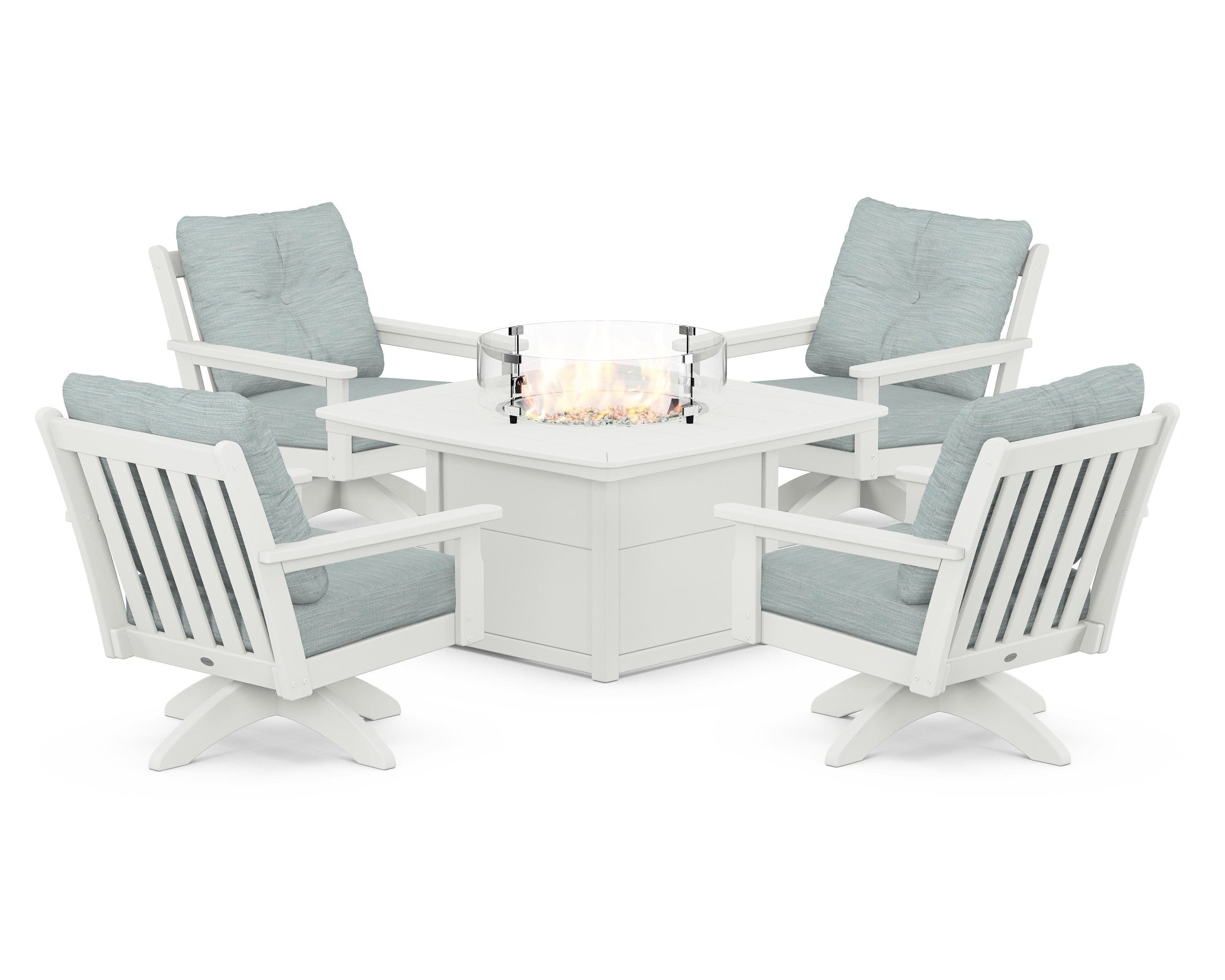 Vineyard 5-Piece Deep Seating Swivel Conversation Set with Fire Pit Table in Vintage White / Soothe Mist