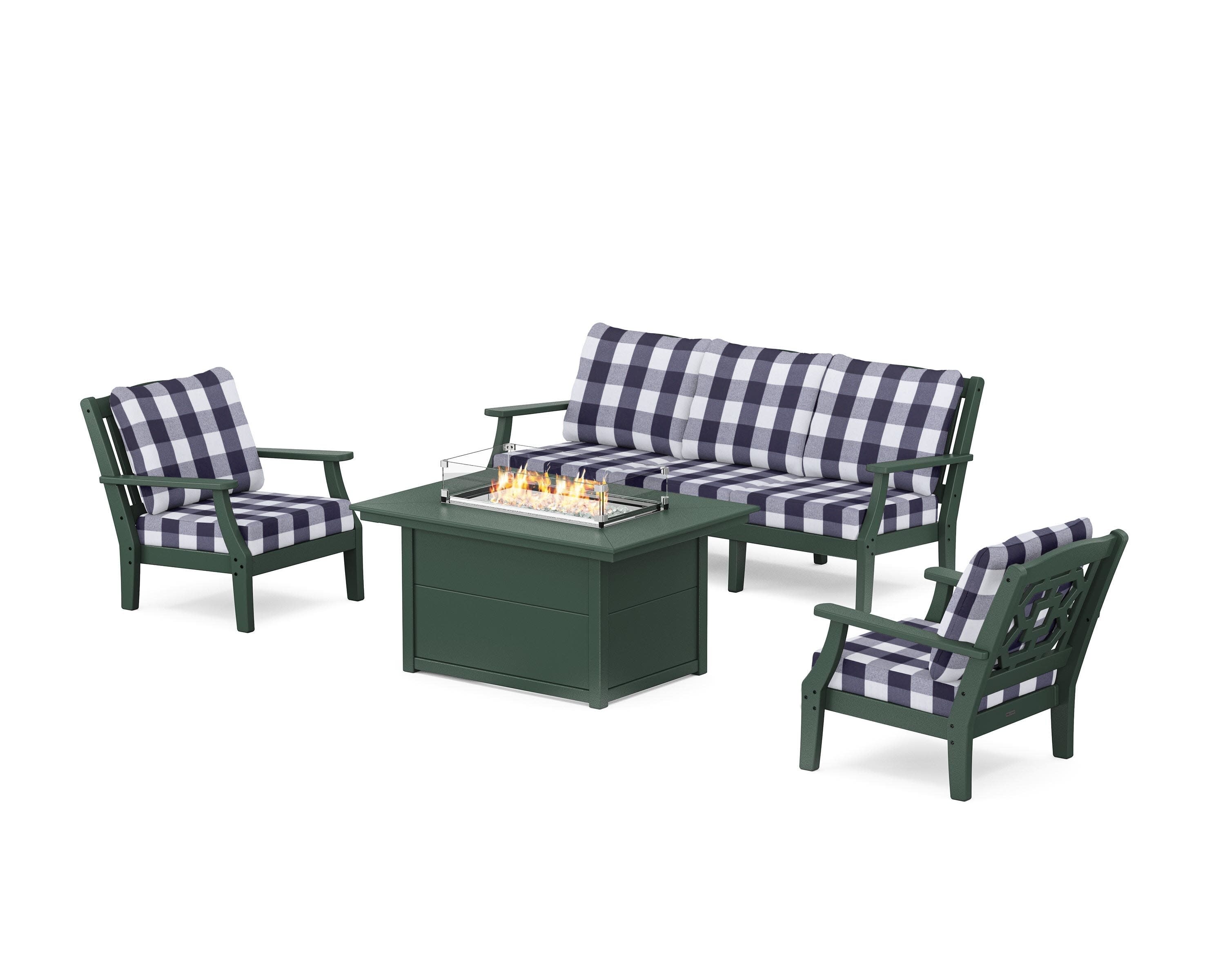 Chinoiserie Deep Seating Fire Pit Table Set in Green / Buffalo Plaid Navy
