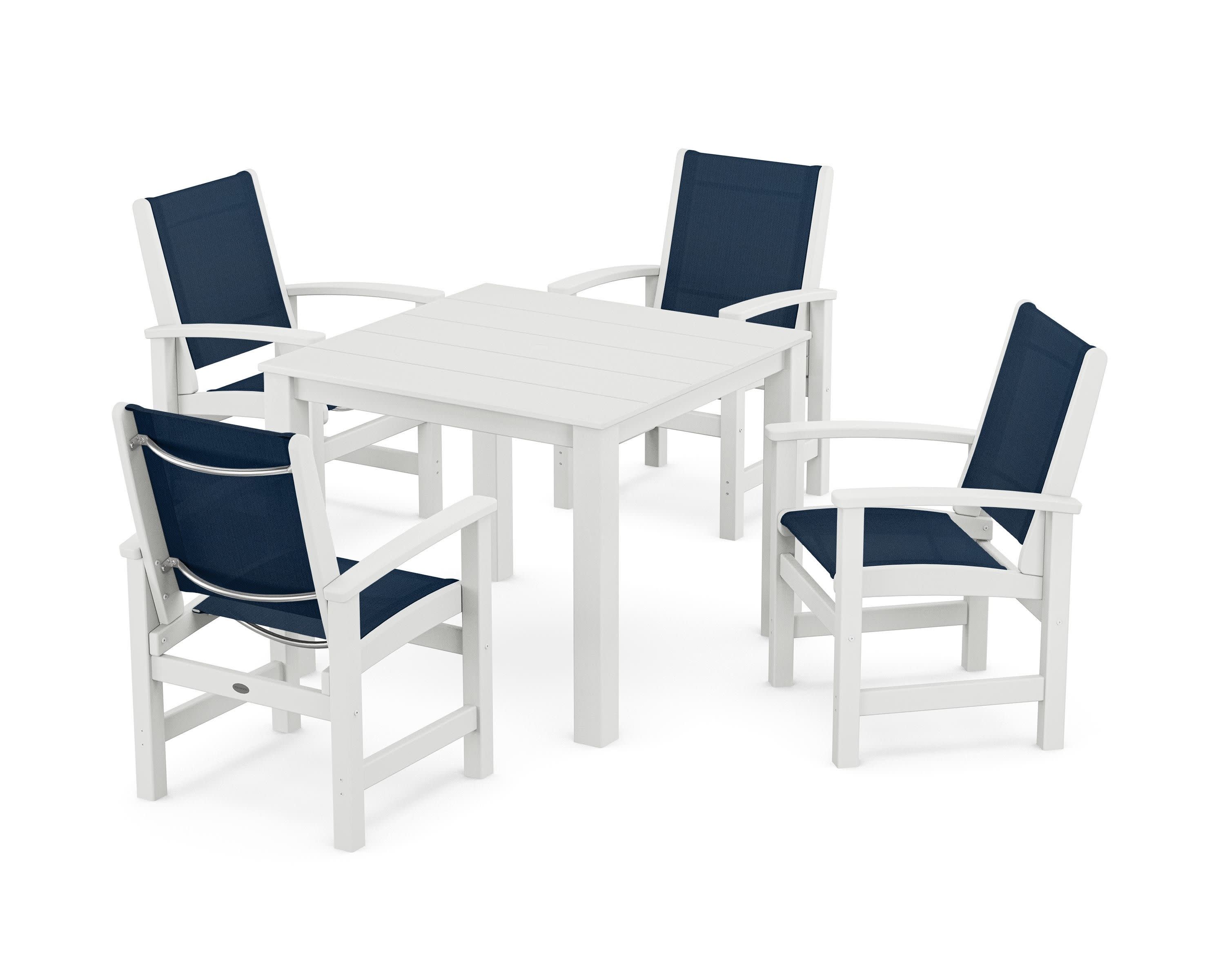 Coastal 5-Piece Parsons Dining Set in White / Navy Blue Sling