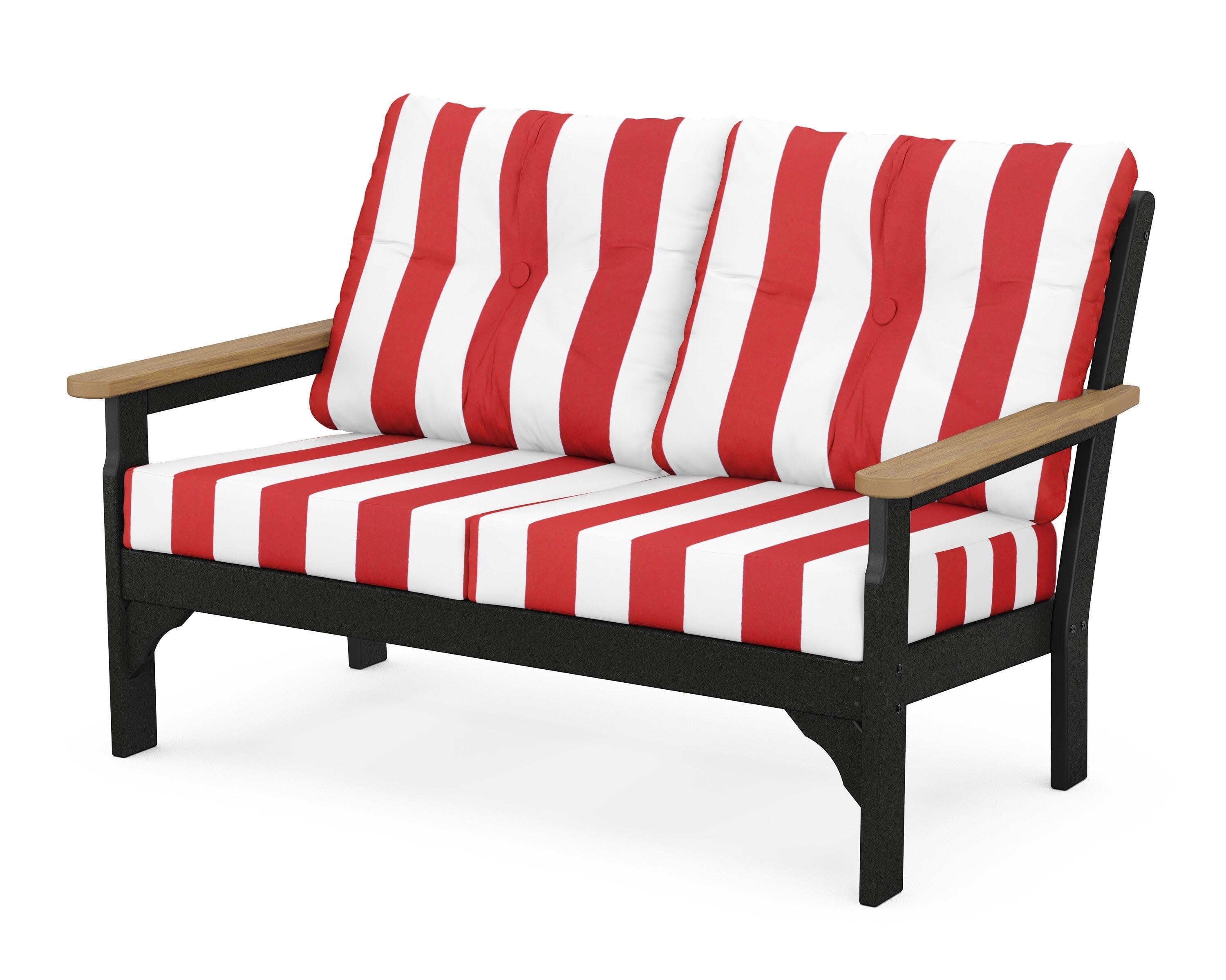 Vineyard Deep Seating Loveseat in Black / Natural / Cabana Stripe Crimson
