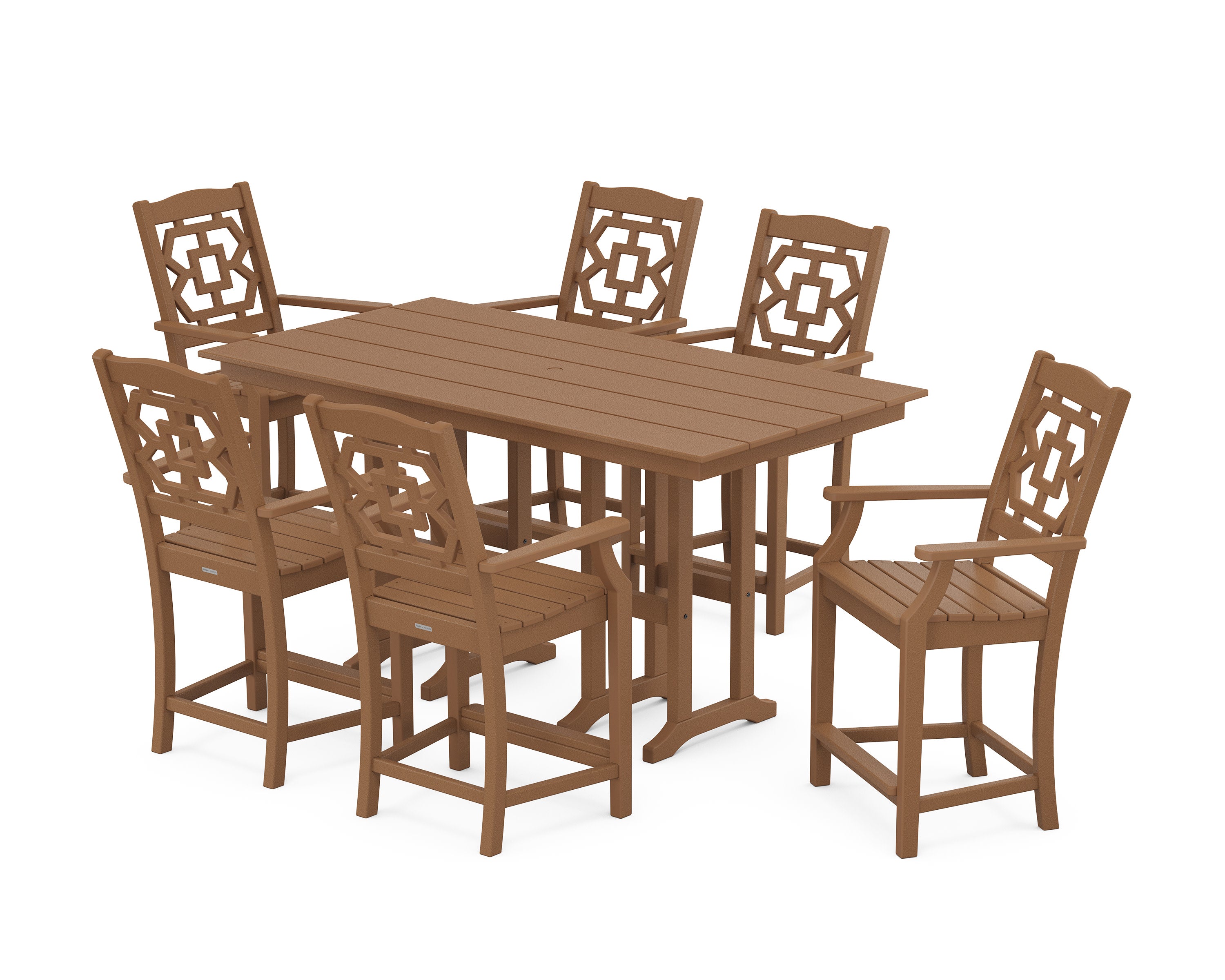 Chinoiserie Arm Chair 7-Piece Farmhouse Counter Set in Teak