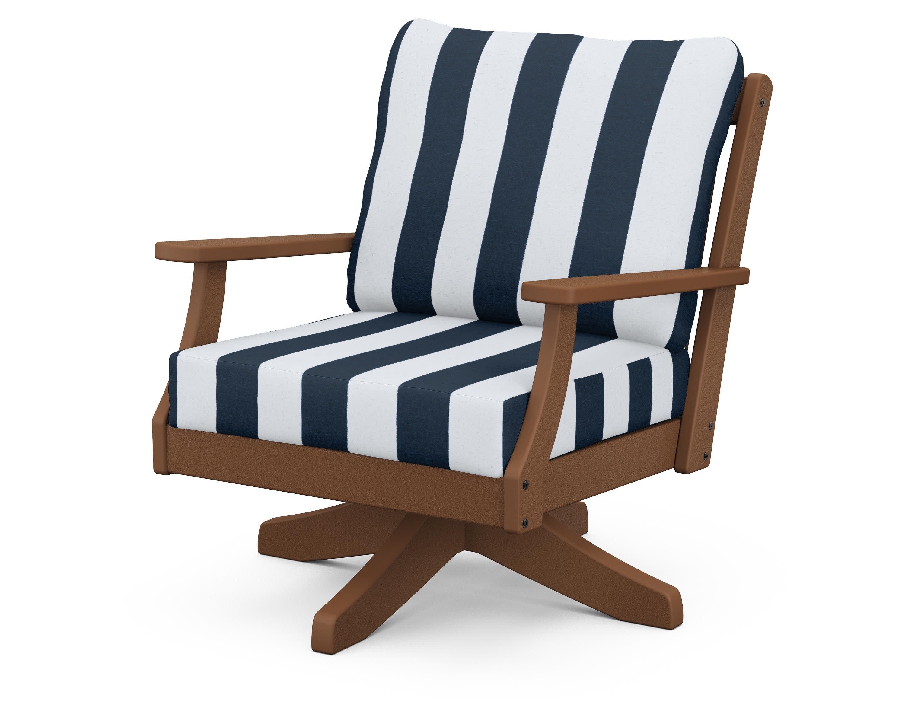 Braxton Deep Seating Swivel Chair in Teak / Cabana Stripe Marine Indigo