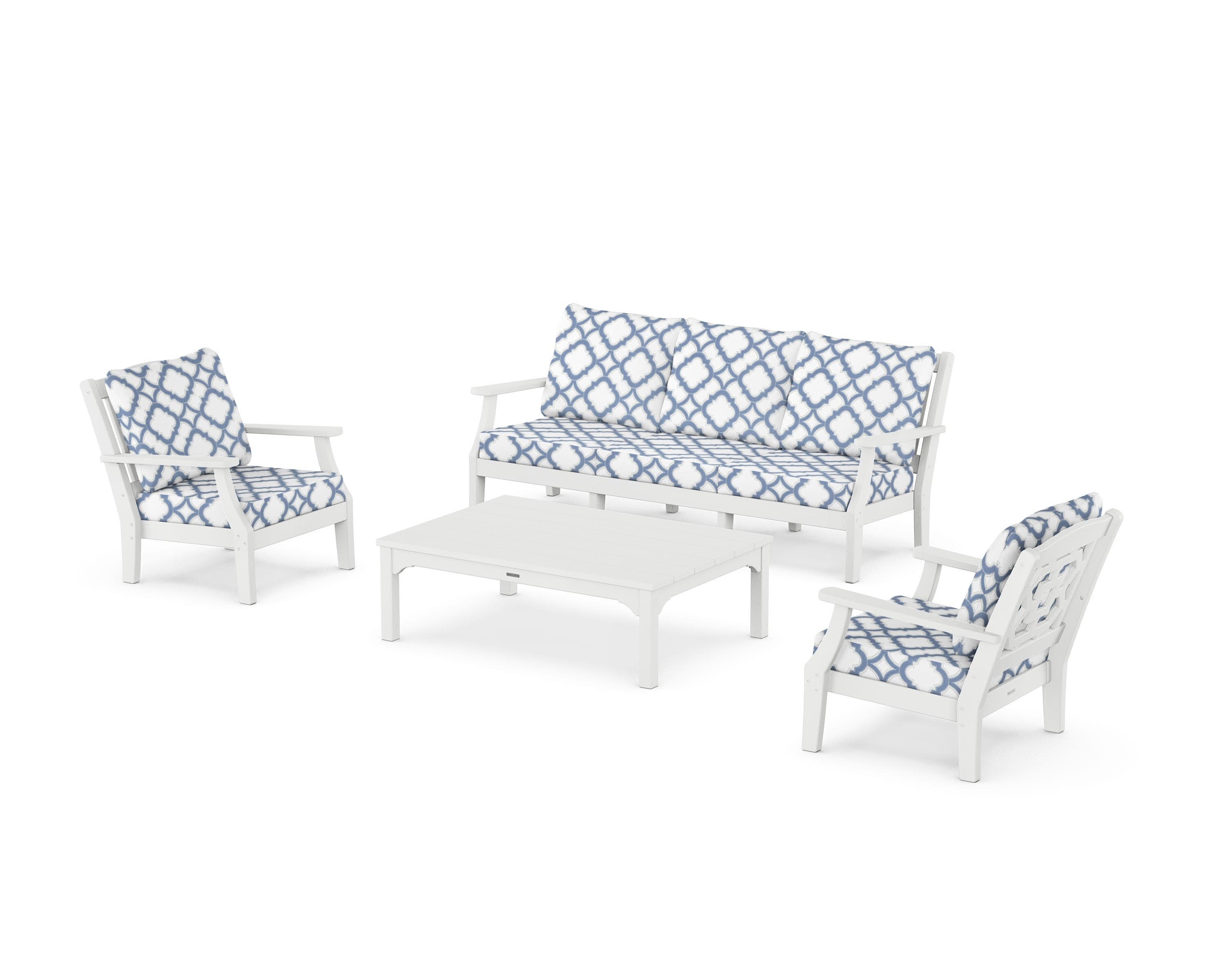 Chinoiserie 4-Piece Deep Seating Set with Sofa in White / Trellis Sky Blue