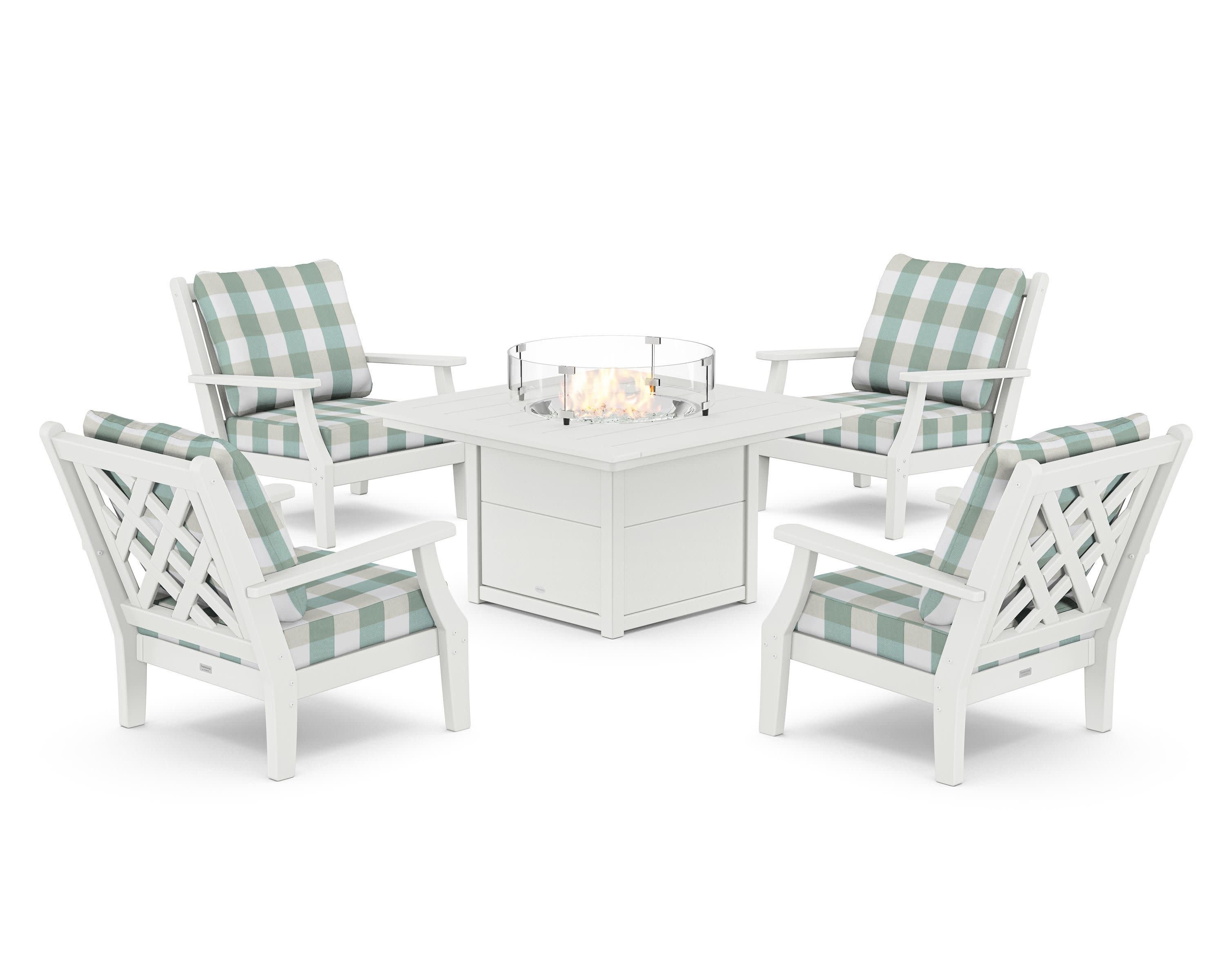 Wovendale 5-Piece Deep Seating Set with Fire Pit Table in White / Buffalo Plaid Glacier Spa