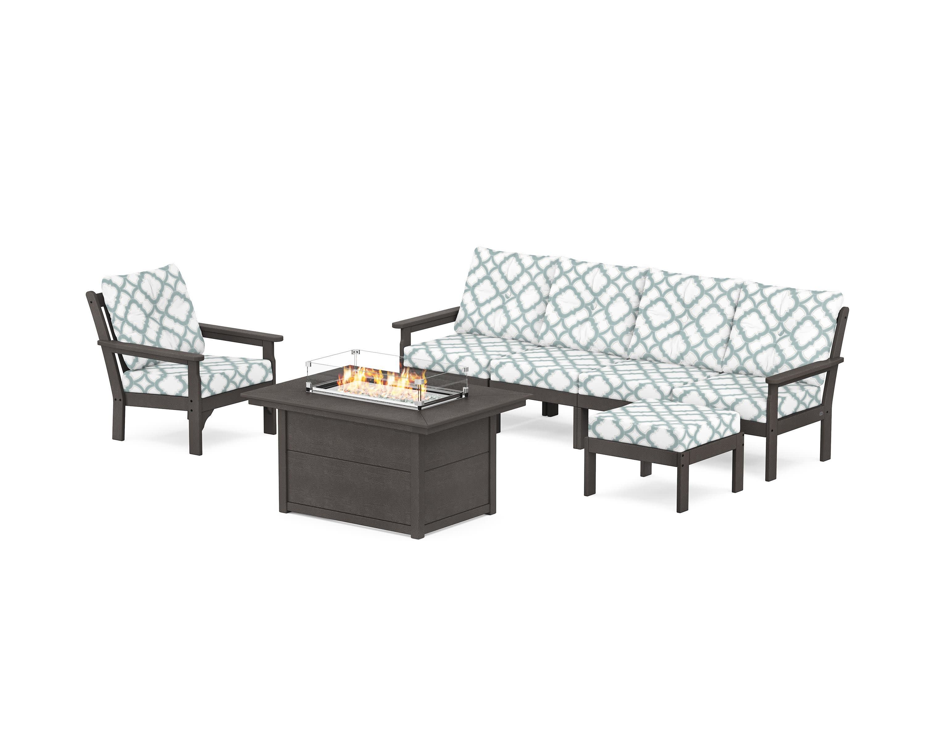 Vineyard Sectional Lounge and Fire Pit Set in Vintage Coffee / Trellis Glacier Spa