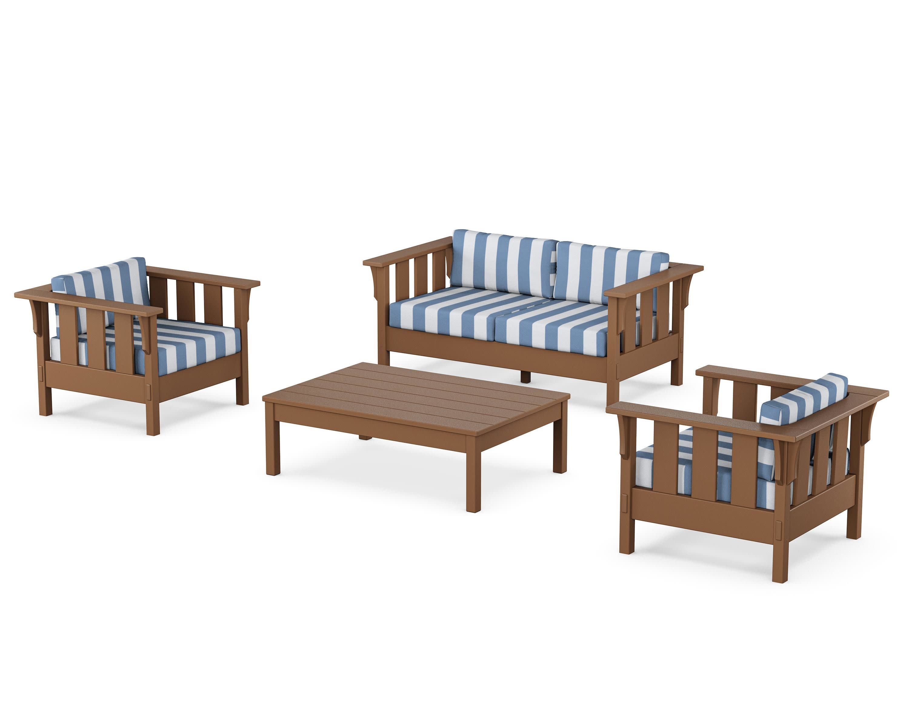 Acadia 4-Piece Deep Seating Set with Loveseat in Teak / Cabana Stripe Sky Blue