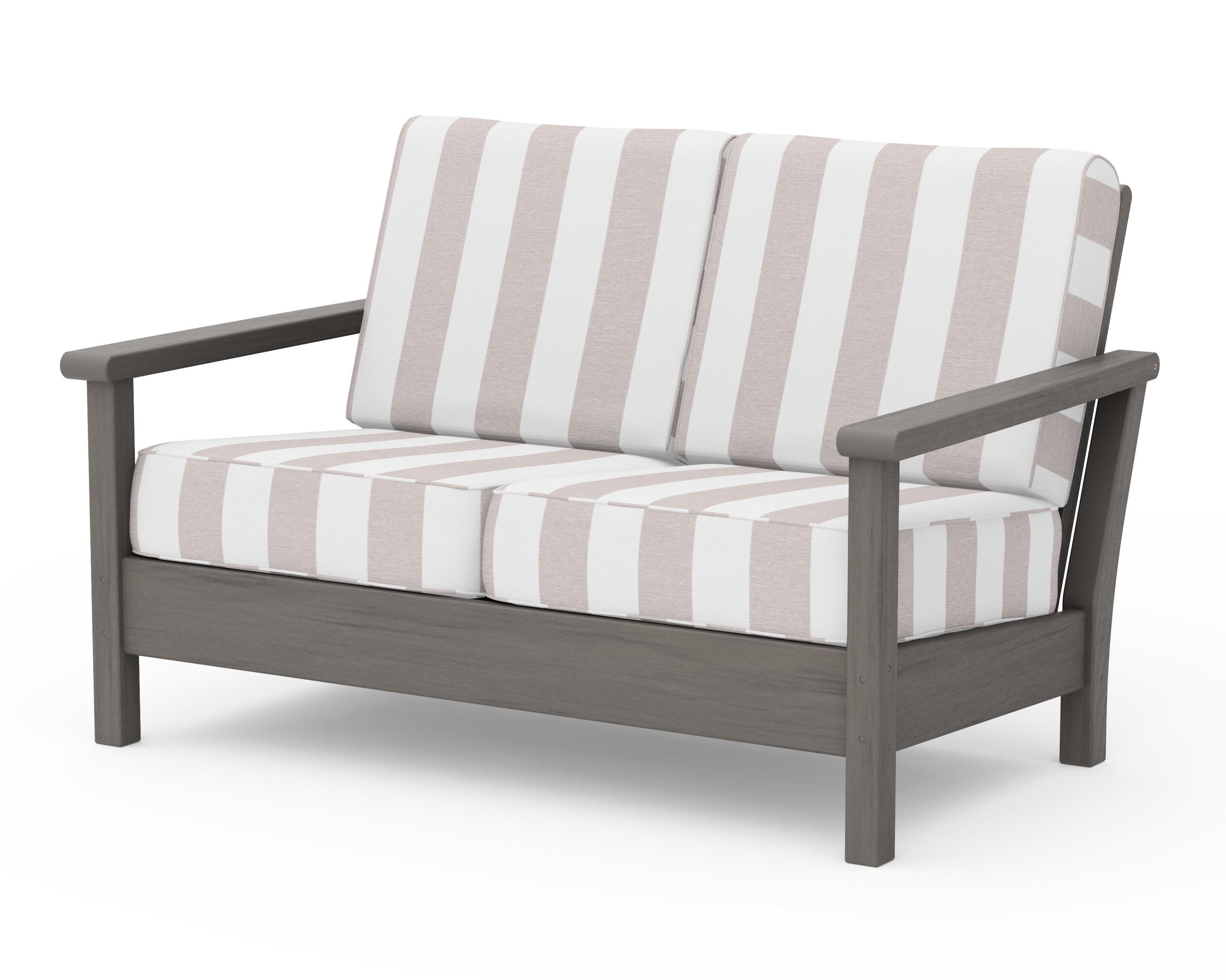 Harbour Deep Seating Loveseat in Driftwood / Cabana Stripe Dune Burlap