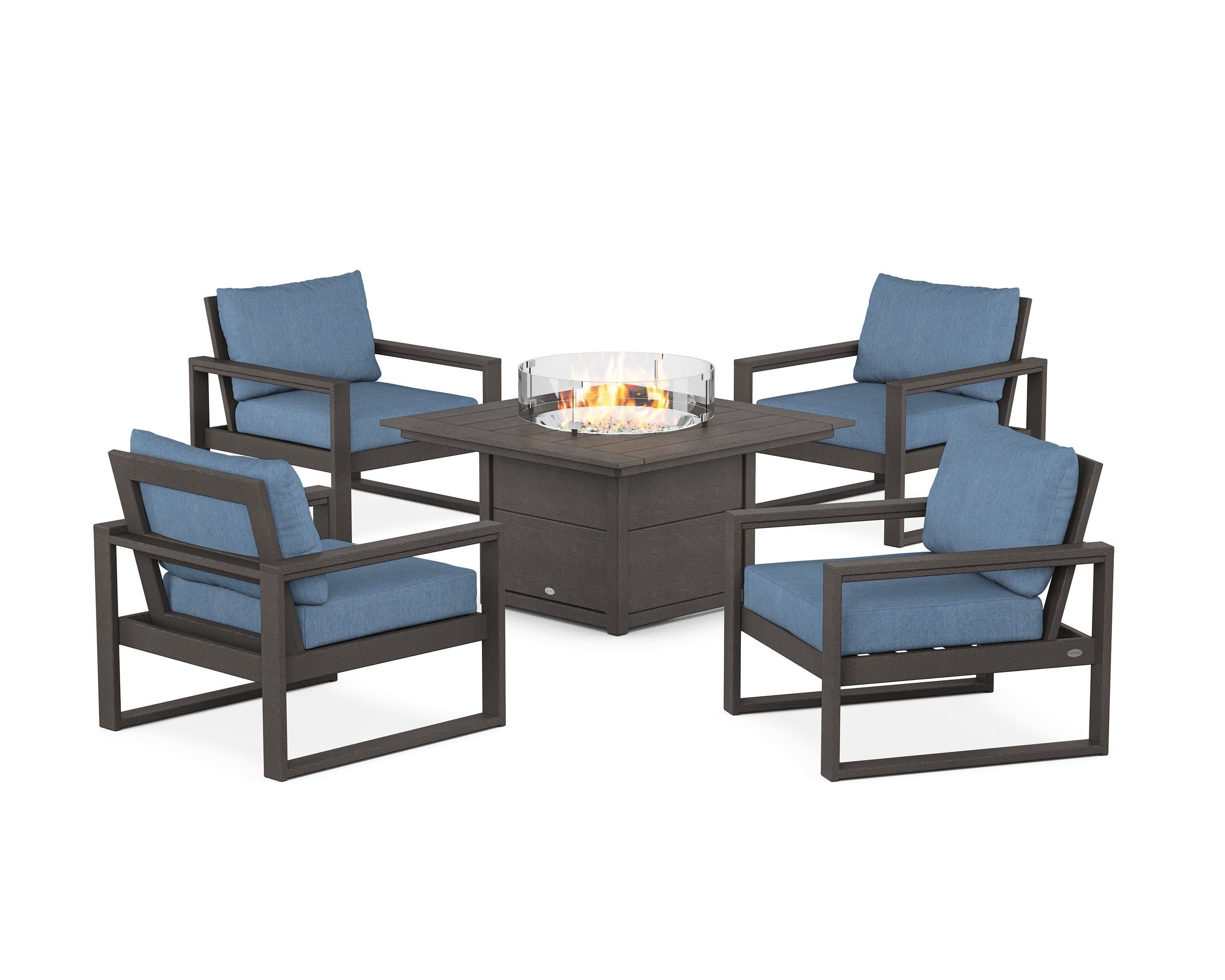 EDGE Sectional 5-Piece Deep Seating Set with Fire Pit Table in Vintage Coffee / Sky Blue