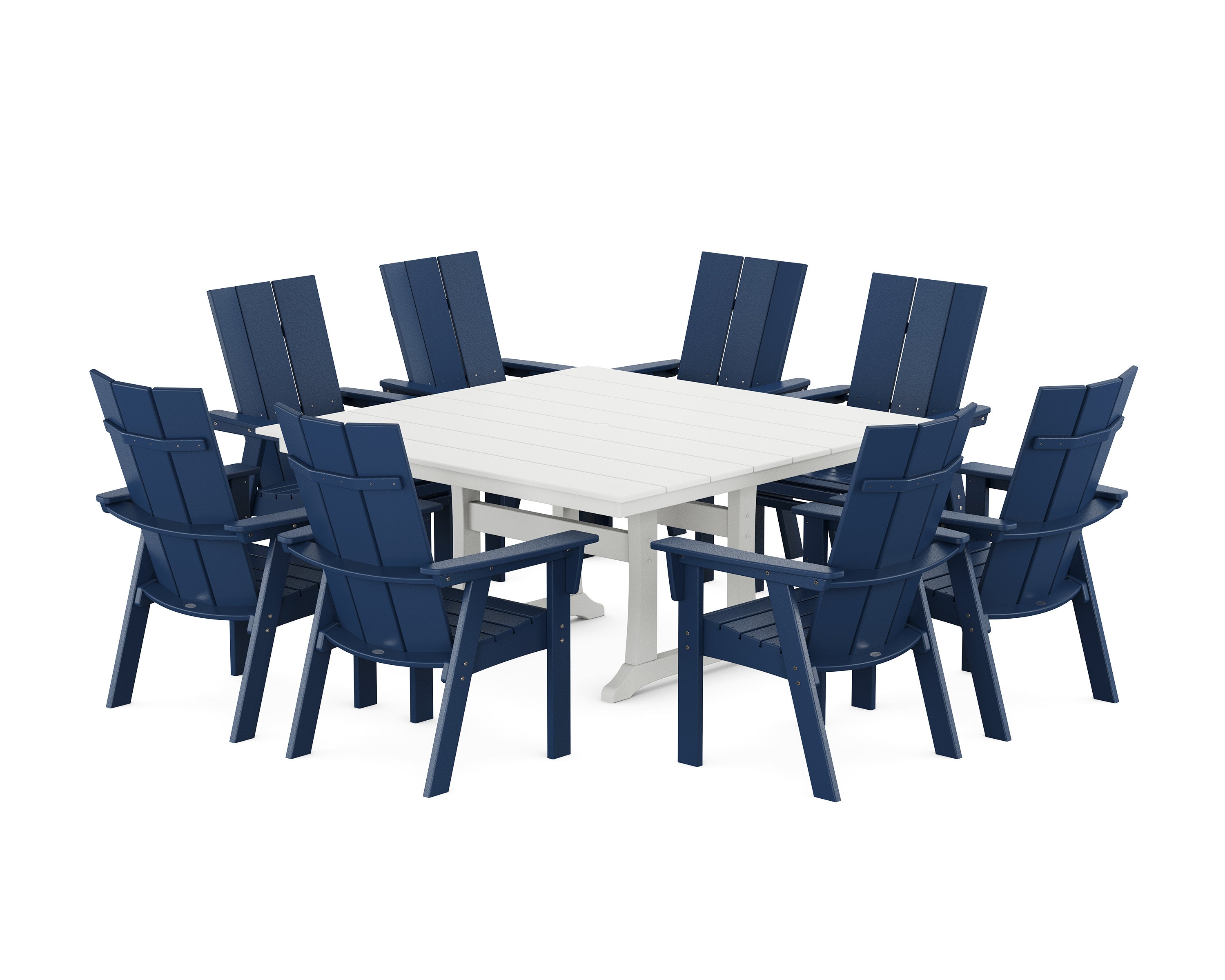 Modern Curveback Adirondack 9-Piece Farmhouse Trestle Dining Set in Navy / White