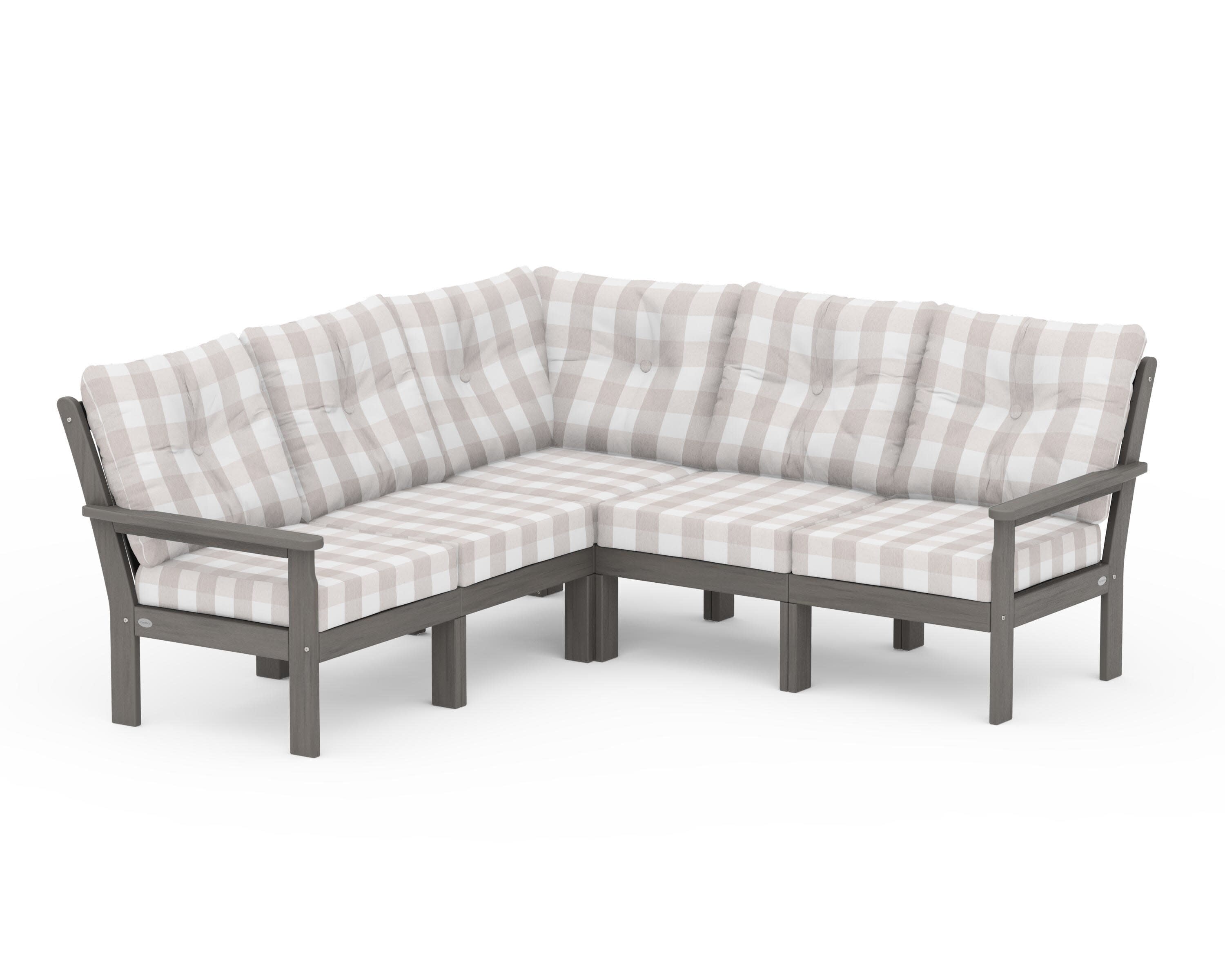 Vineyard 5-Piece Sectional in Driftwood / Buffalo Plaid Dune Burlap