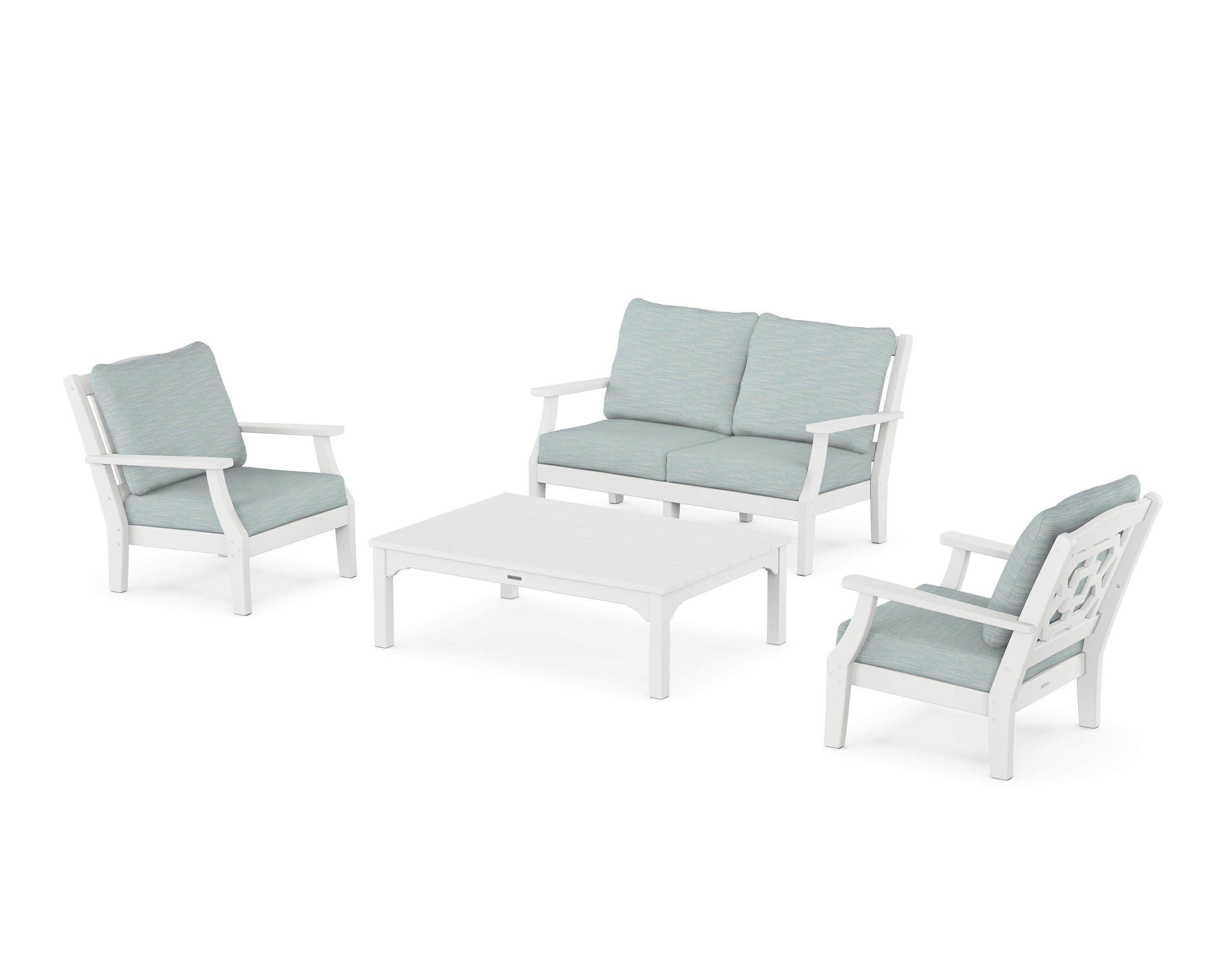 Chinoiserie 4-Piece Deep Seating Set with Loveseat in White / Soothe Mist