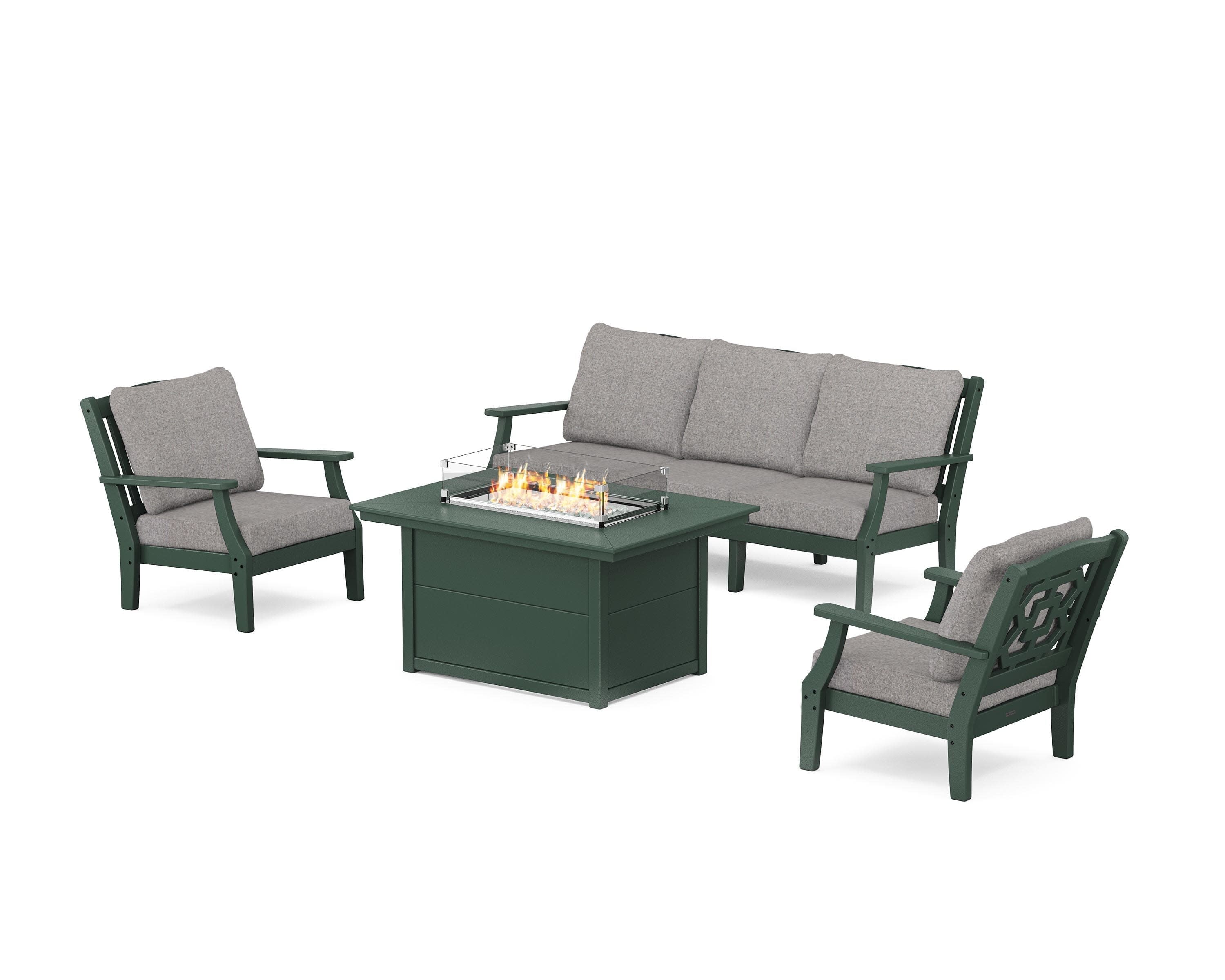 Chinoiserie Deep Seating Fire Pit Table Set in Green / Grey Mist