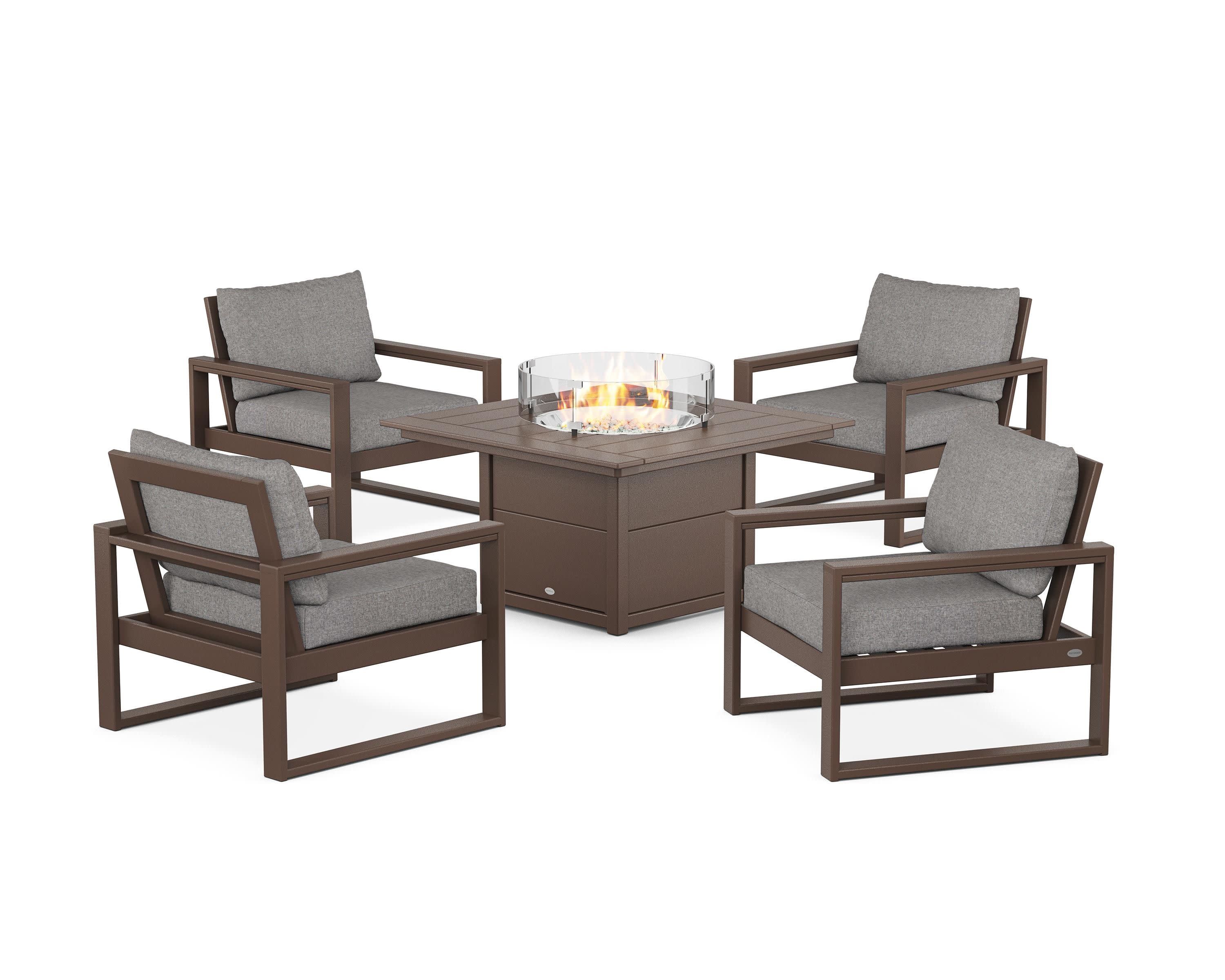 EDGE Sectional 5-Piece Deep Seating Set with Fire Pit Table in Mahogany / Grey Mist