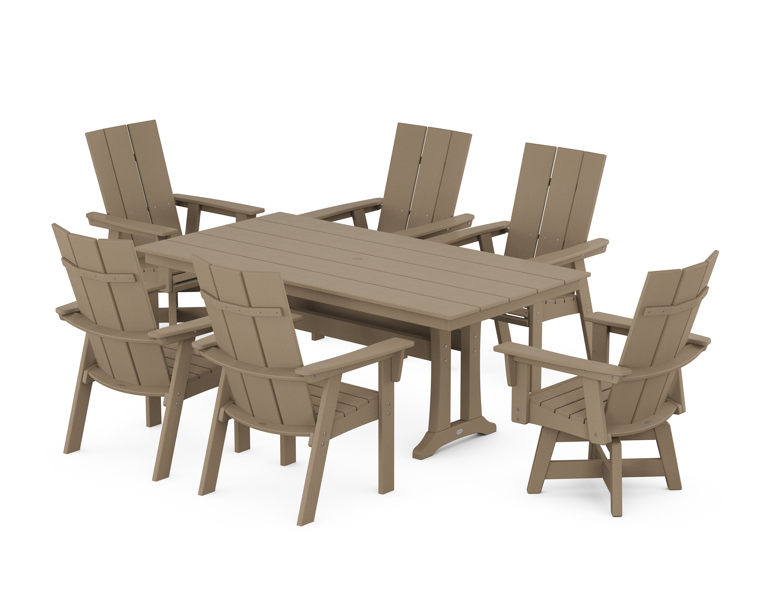 Modern Curveback Adirondack Swivel Chair 7-Piece Farmhouse Dining Set With Trestle Legs in Vintage Sahara