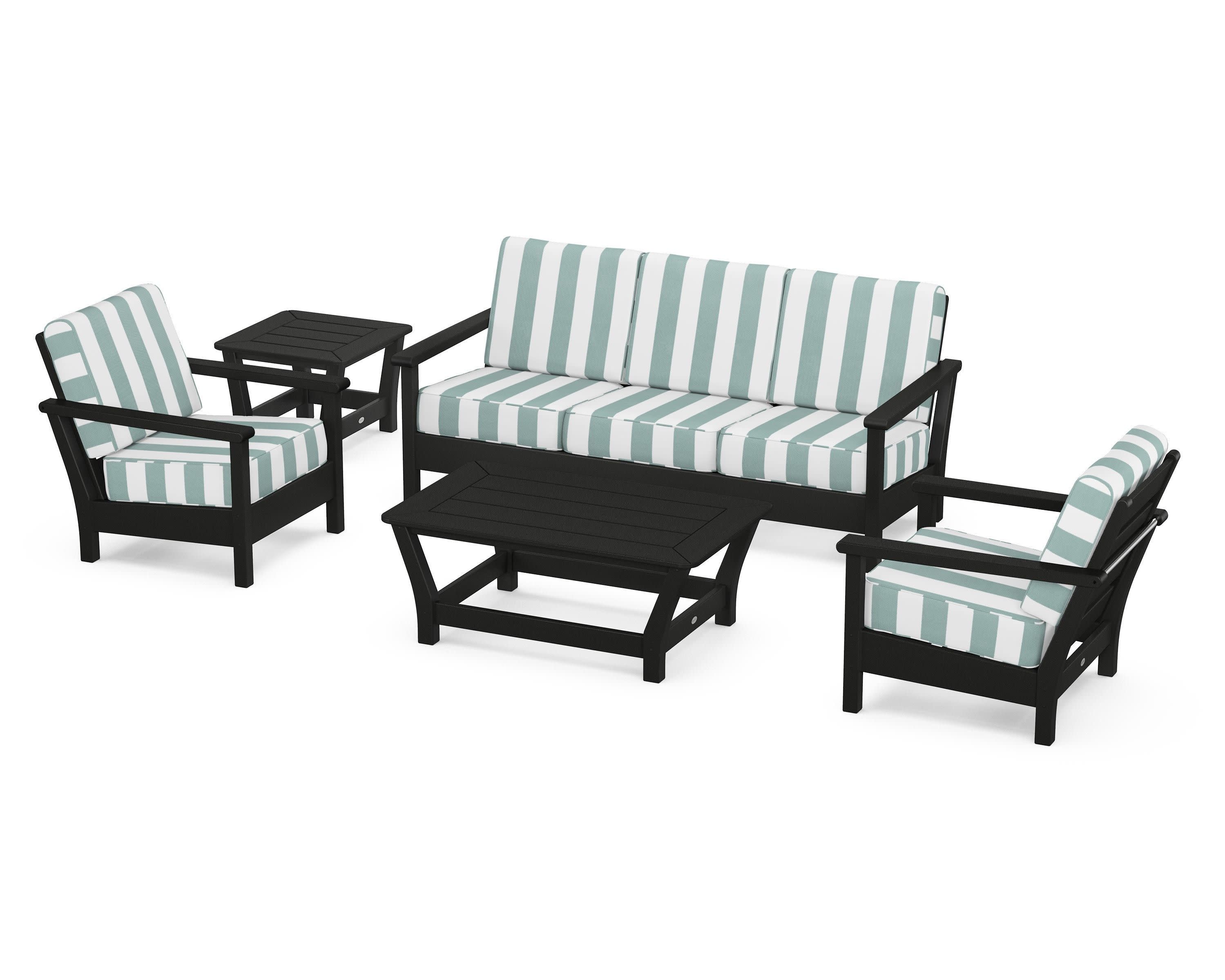 Harbour 5-Piece Deep Seating Set in Black / Cabana Stripe Glacier Spa