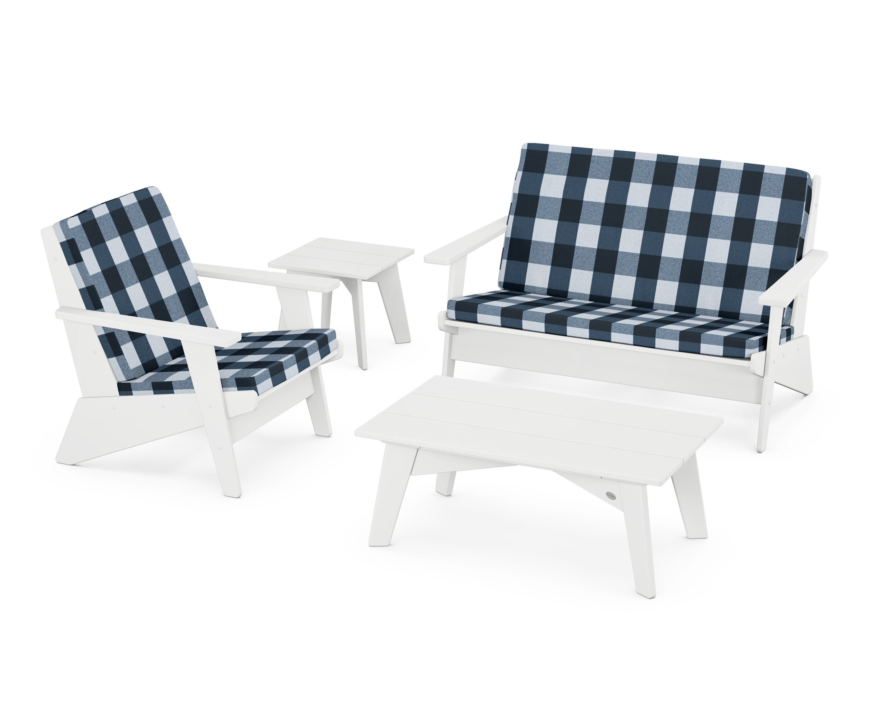 Riviera Modern Lounge 4-Piece Set in White / Buffalo Plaid Marine Indigo
