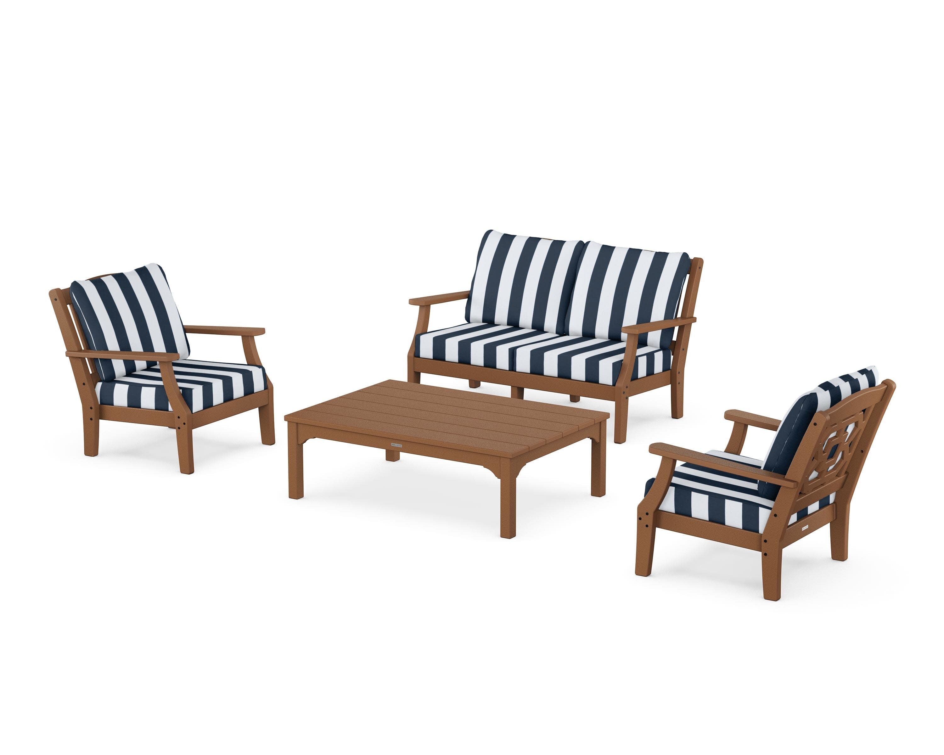 Chinoiserie 4-Piece Deep Seating Set with Loveseat in Teak / Cabana Stripe Marine Indigo