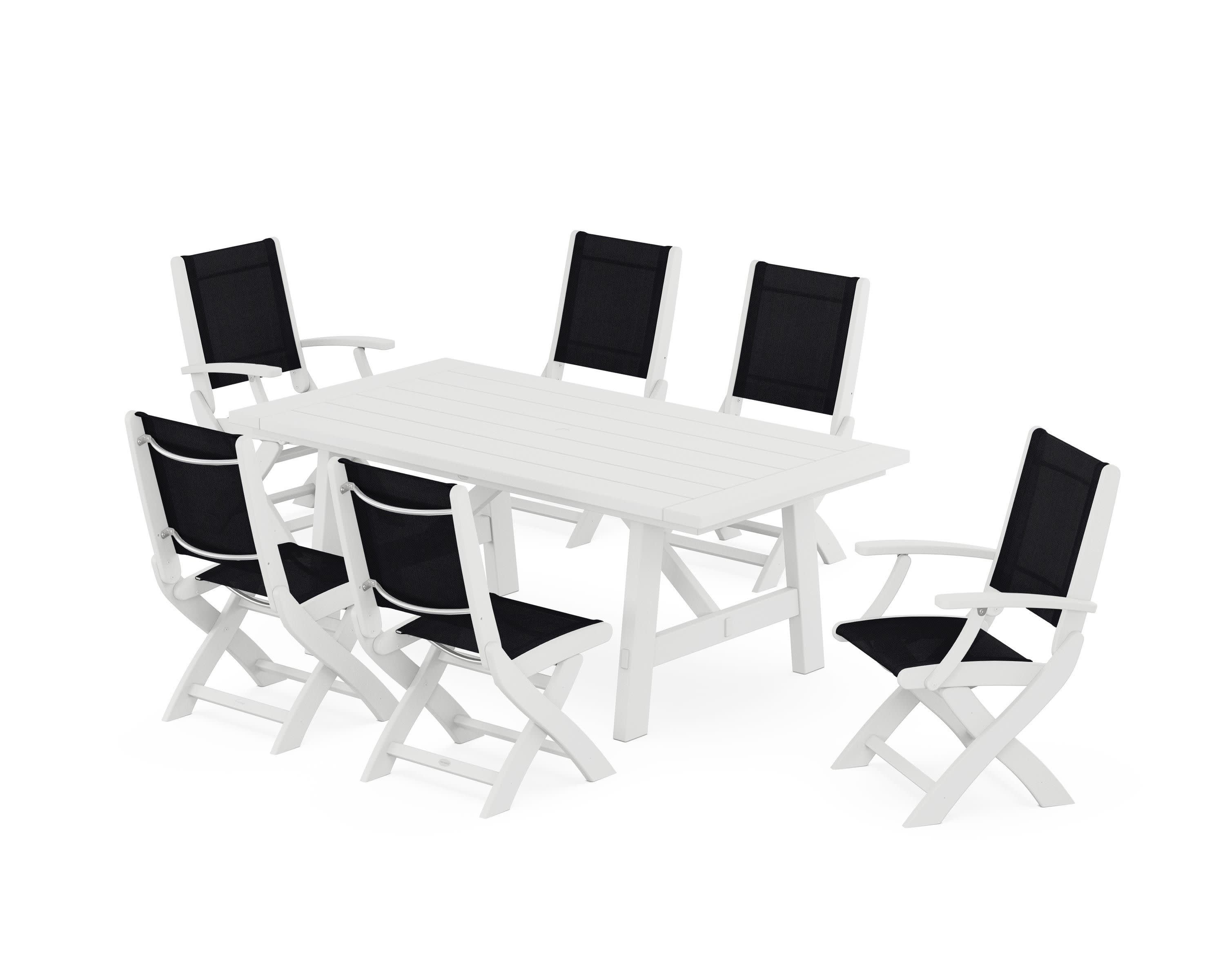 Coastal Folding Chair 7-Piece Rustic Farmhouse Dining Set in White / Black Sling