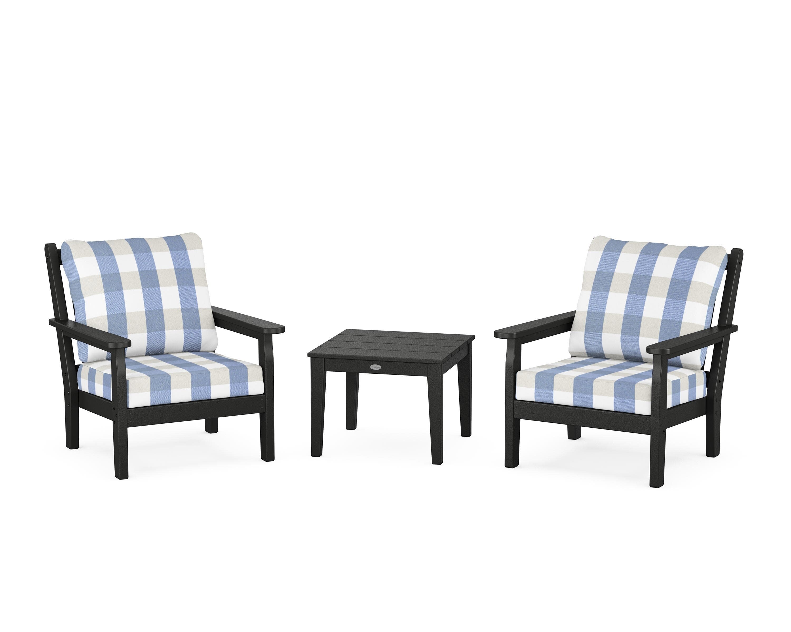 Chippendale 3-Piece Deep Seating Set in Black / Buffalo Plaid Sky Blue