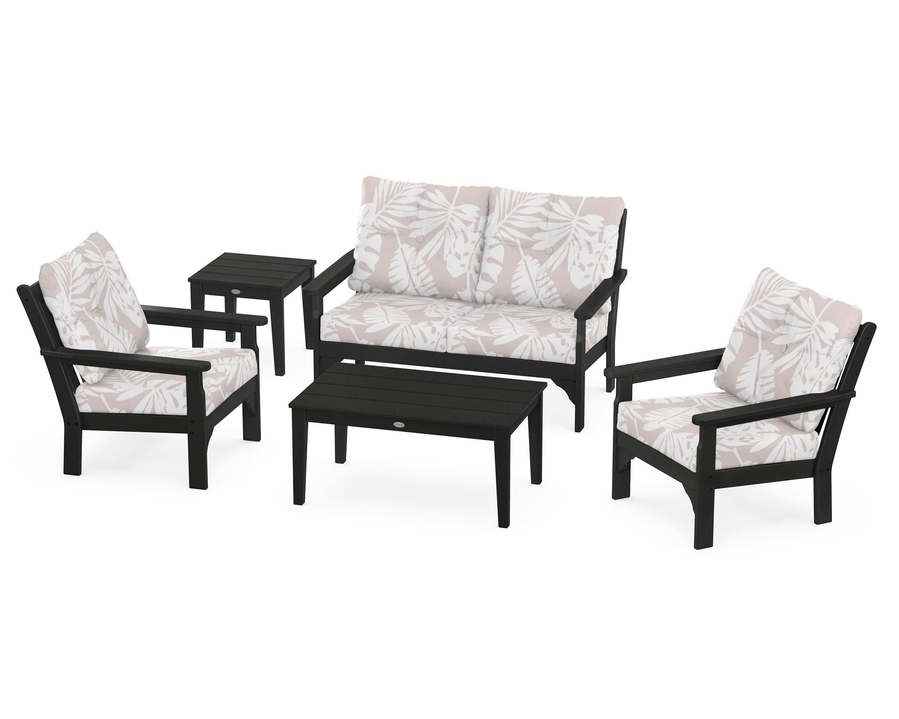 Vineyard 5-Piece Deep Seating Set in Black / Leaf Dune Burlap