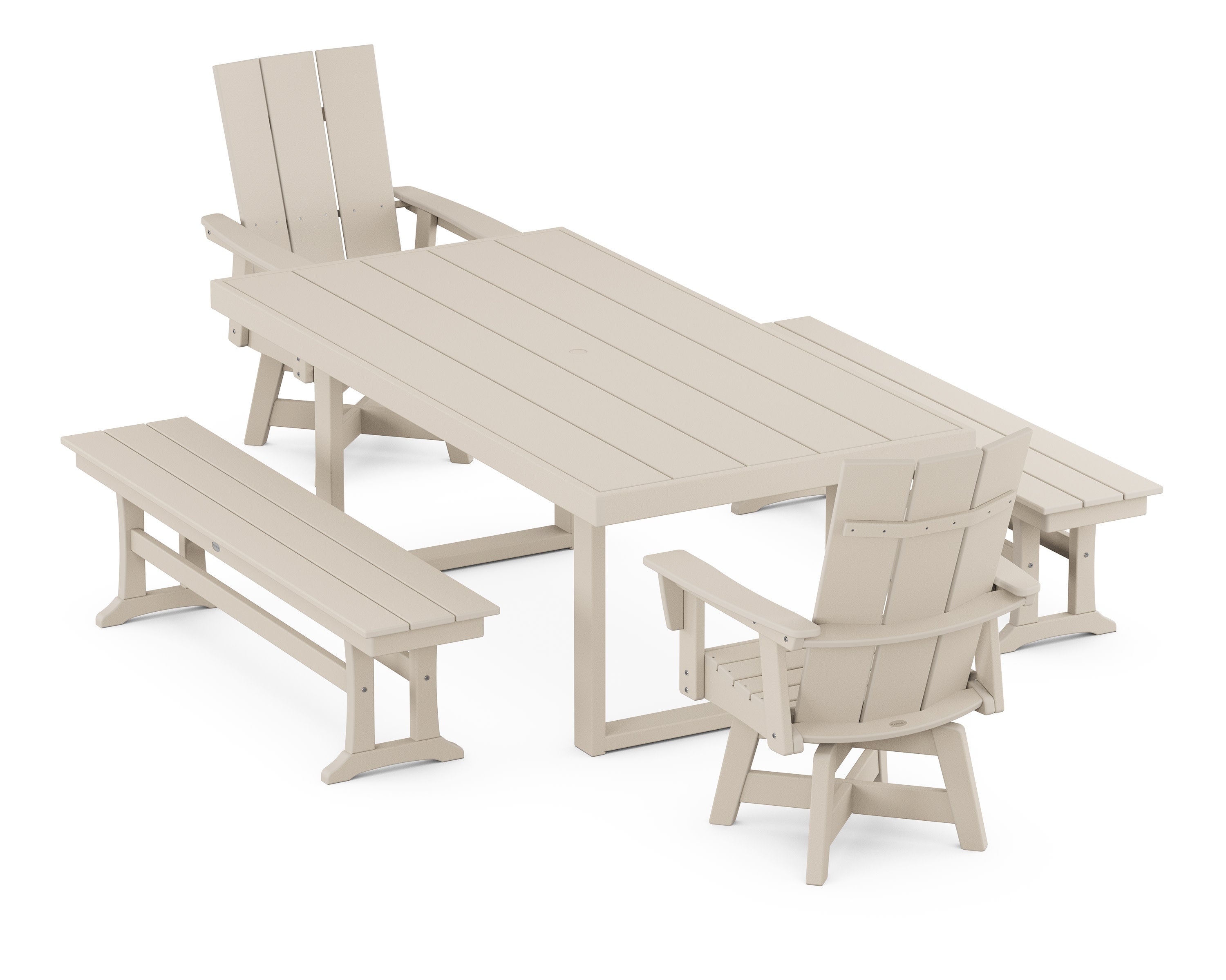 Modern Adirondack Swivel Chair 5-Piece Dining Set with Benches in Sand