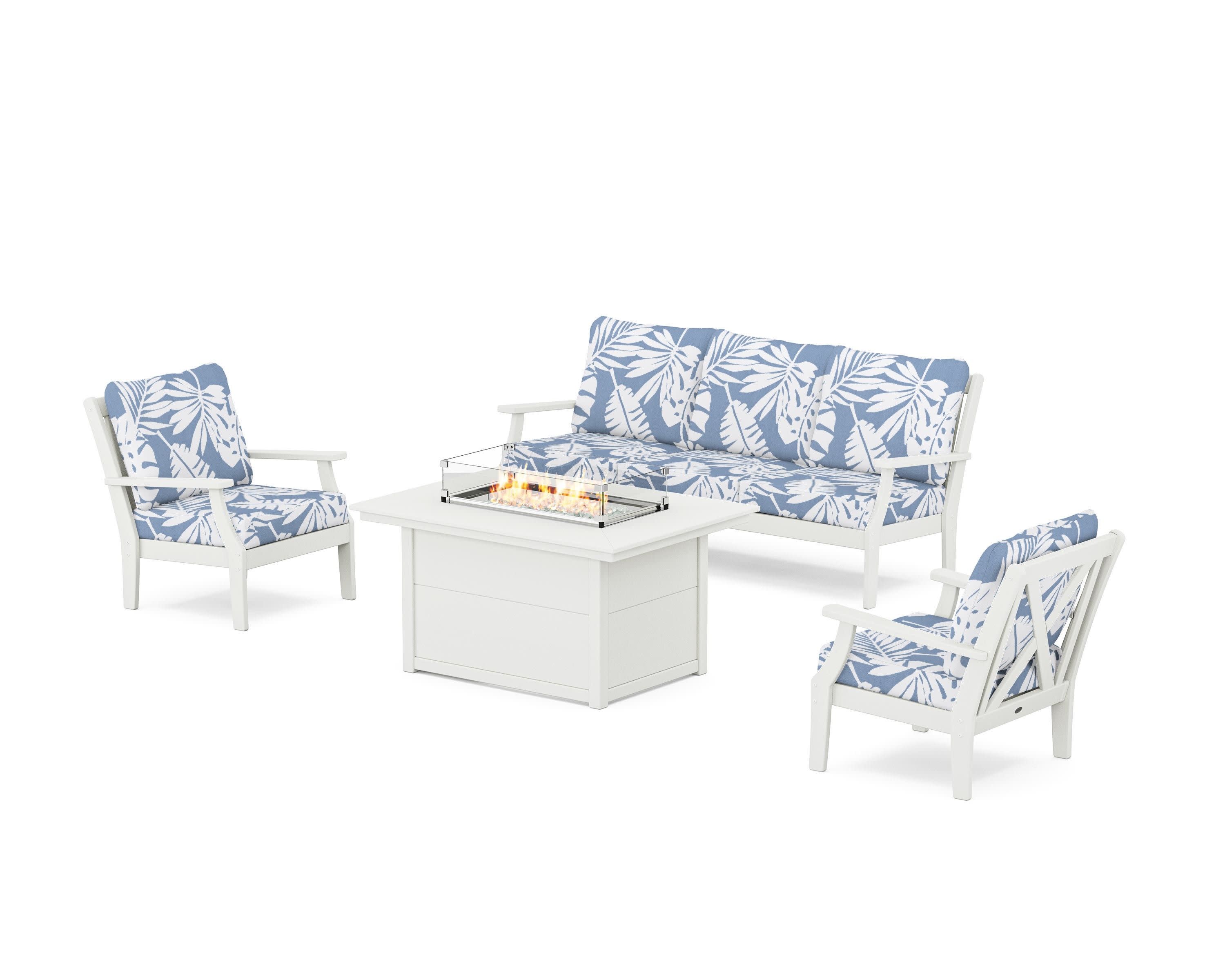 Braxton Deep Seating Fire Pit Table Set in Vintage White / Leaf Sky Blue